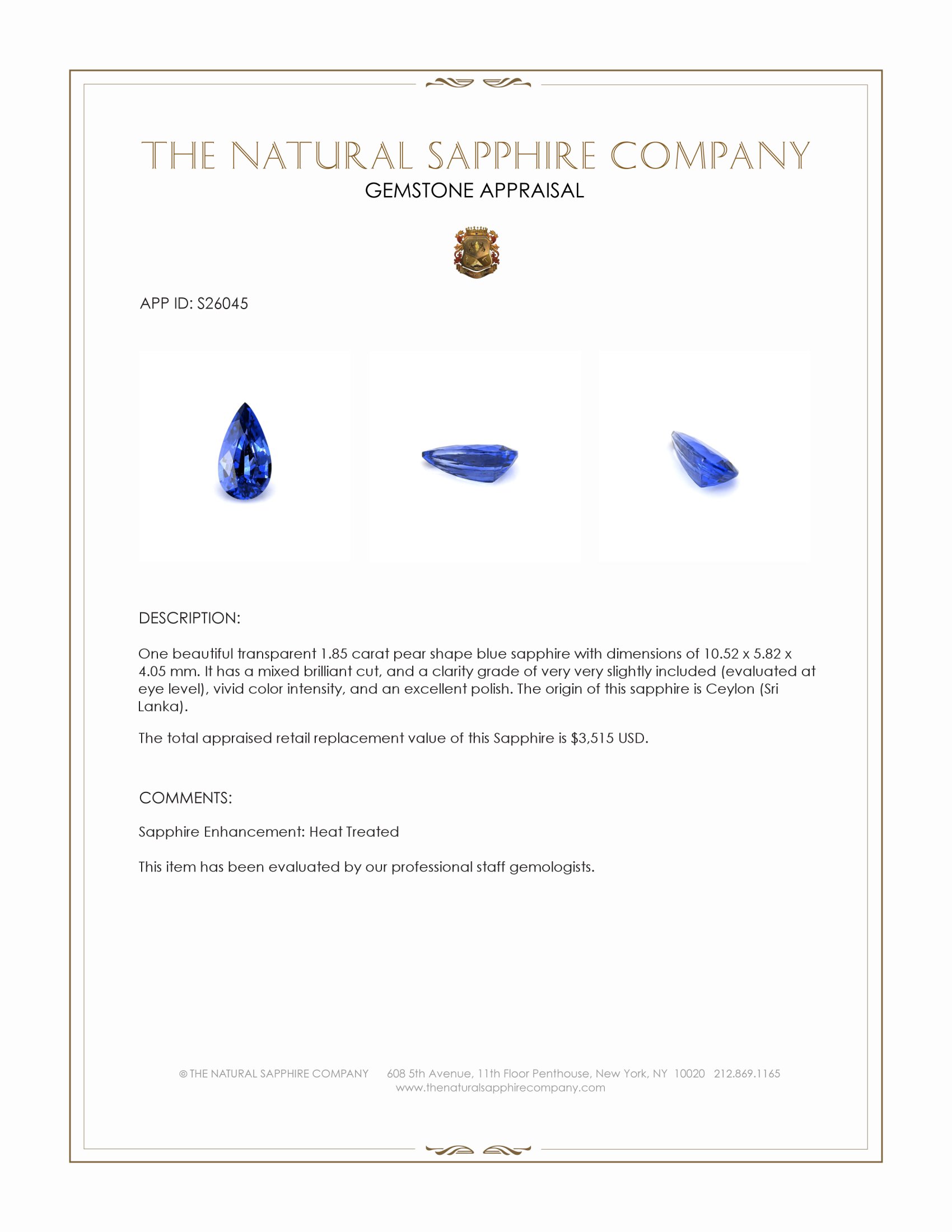 1.85 Ct. Blue Sapphire from Ceylon (Sri Lanka)