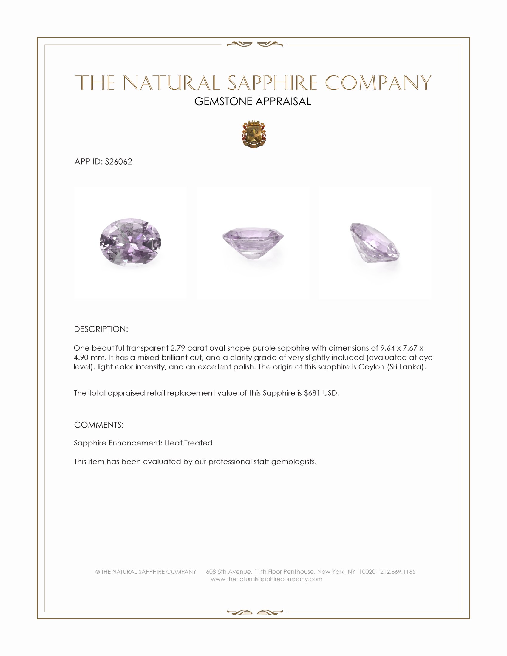 2.79 Ct. Purple Sapphire from Ceylon (Sri Lanka)