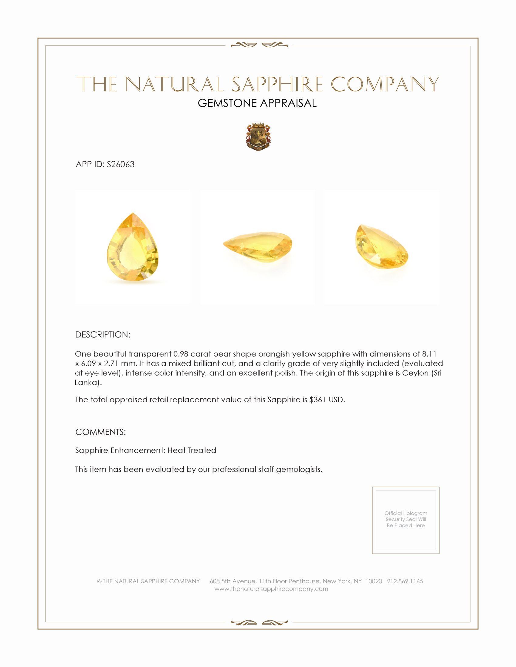 0.98 Ct. Orangish Yellow Sapphire from Ceylon (Sri Lanka)