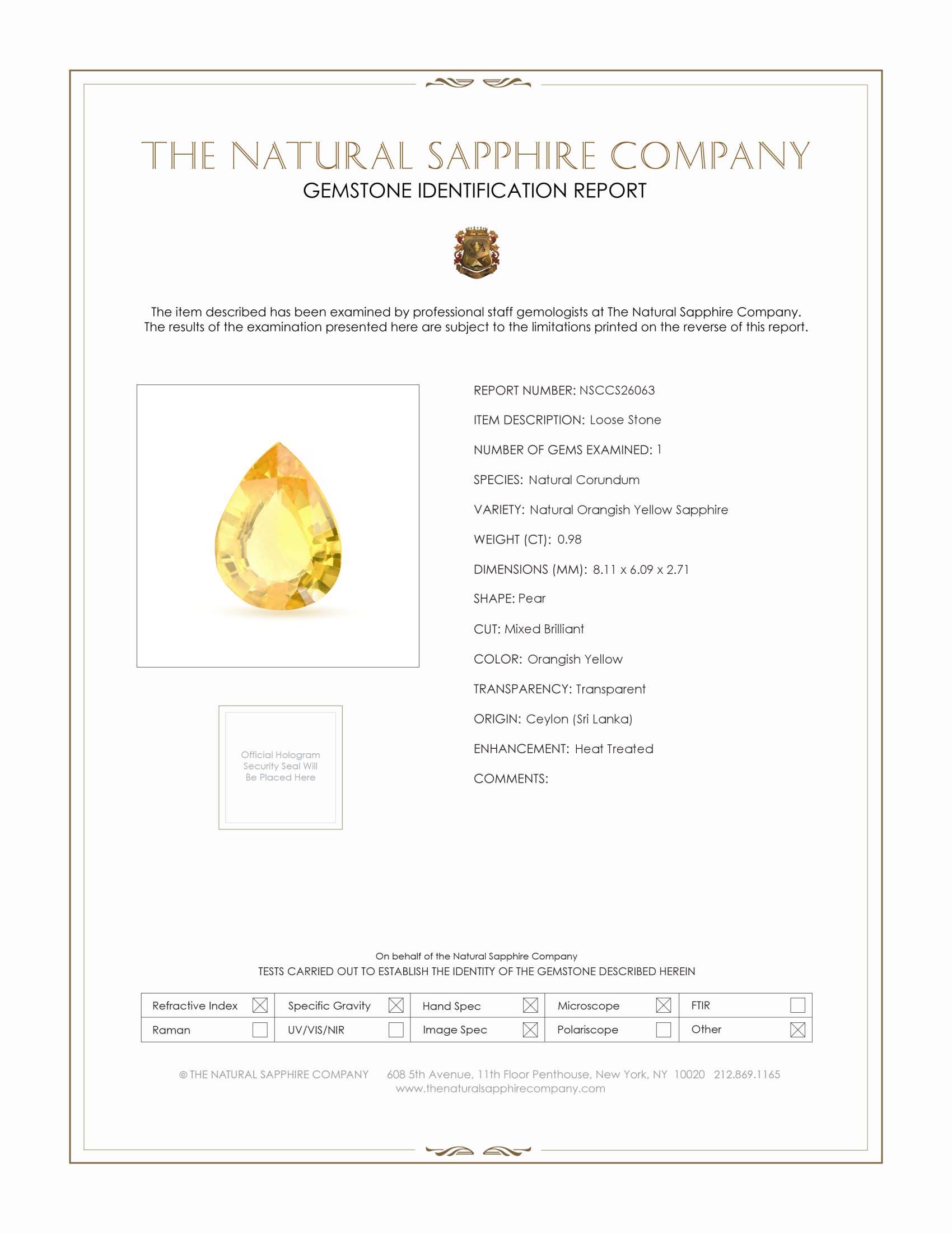 0.98 Ct. Orangish Yellow Sapphire from Ceylon (Sri Lanka)