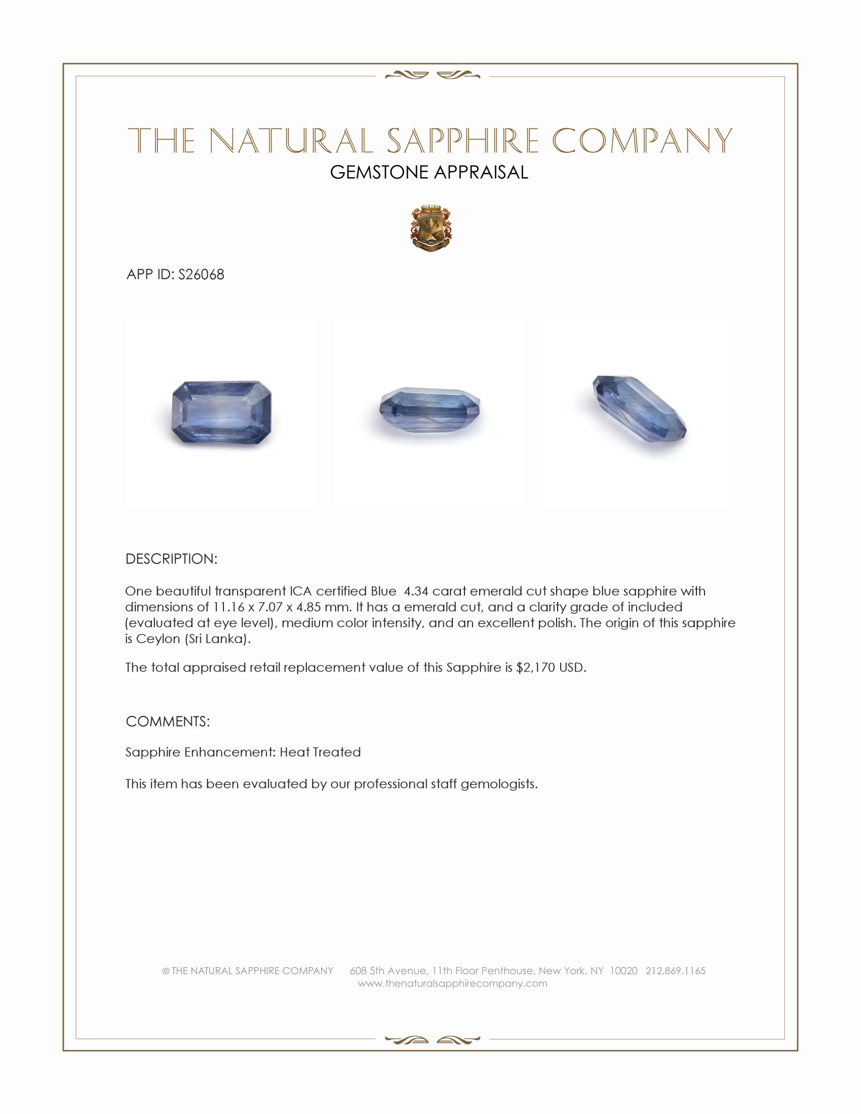 4.34 Ct. Blue Sapphire from Ceylon (Sri Lanka)