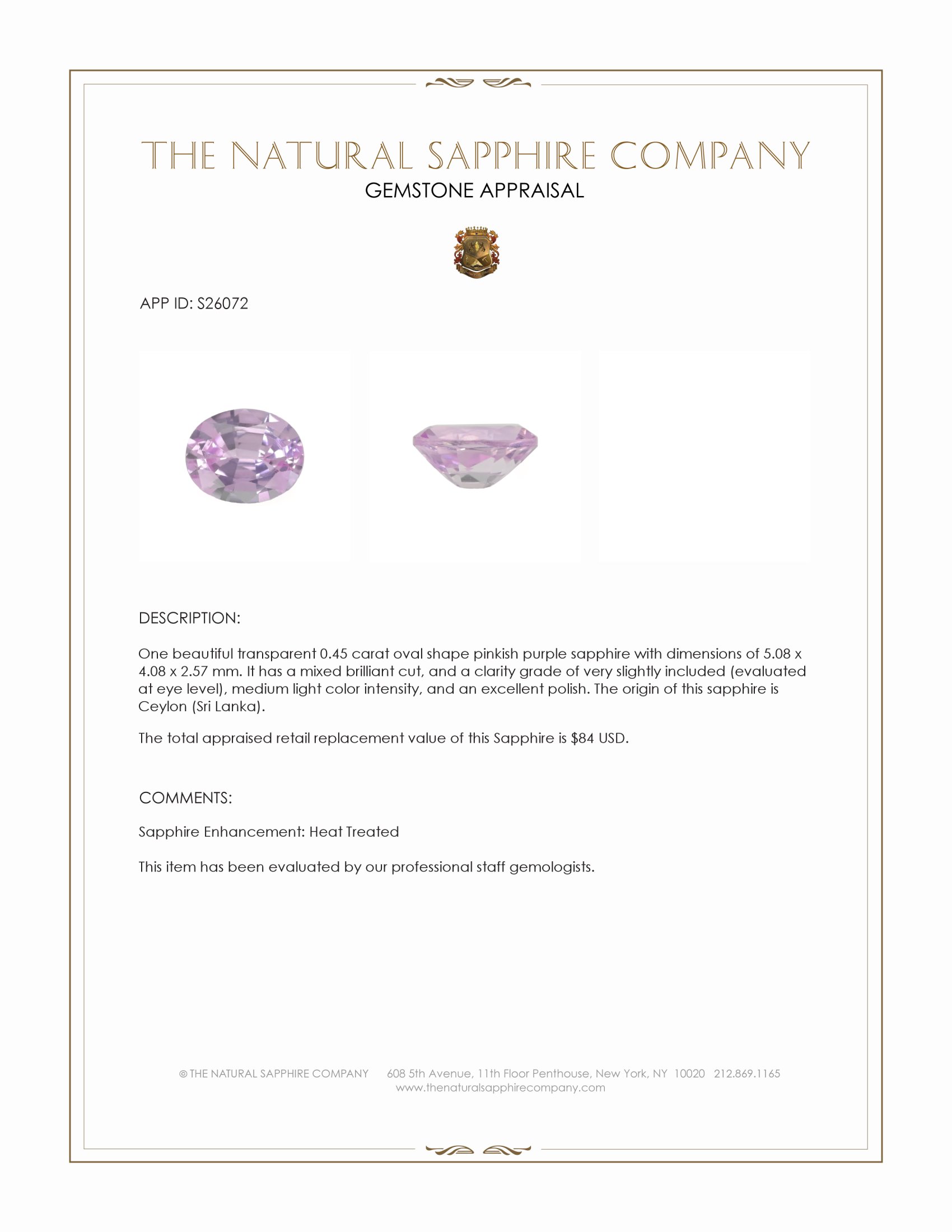 0.45 Ct. Pinkish Purple Sapphire from Ceylon (Sri Lanka)