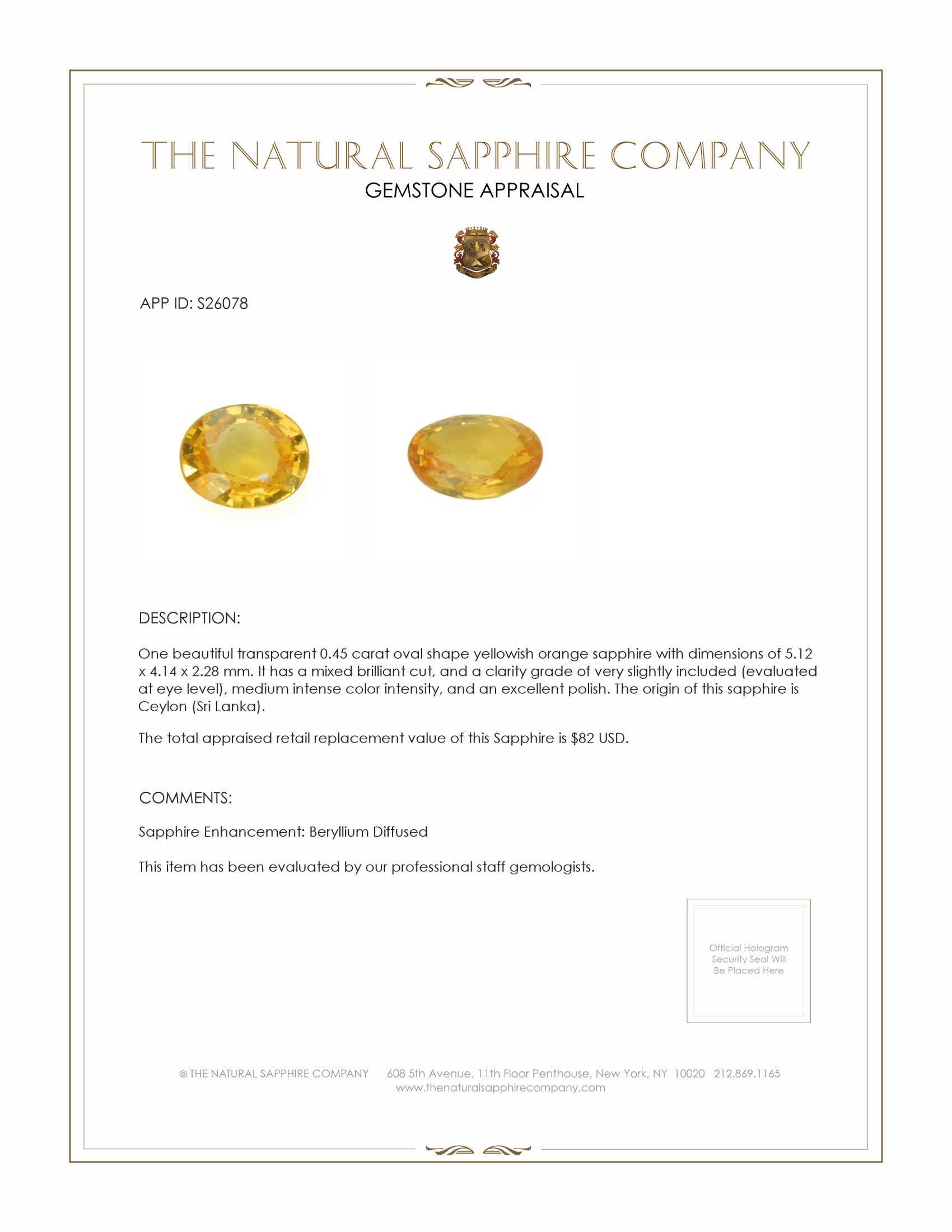 0.45 Ct. Yellowish Orange Sapphire from Ceylon (Sri Lanka)