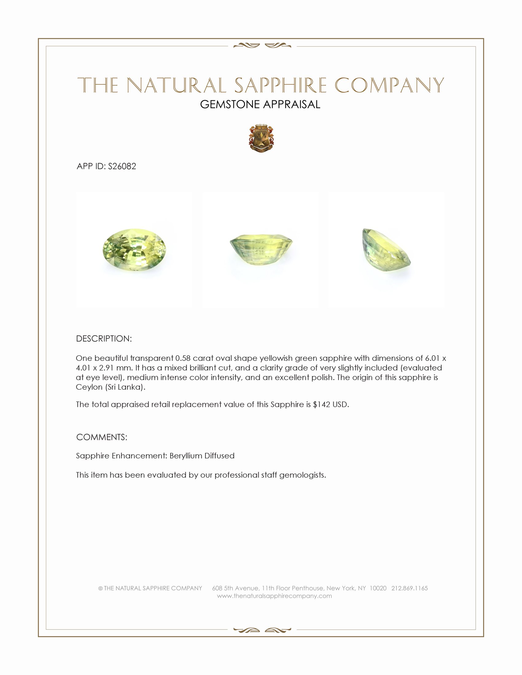 0.58 Ct. Yellowish Green Sapphire from Ceylon (Sri Lanka)