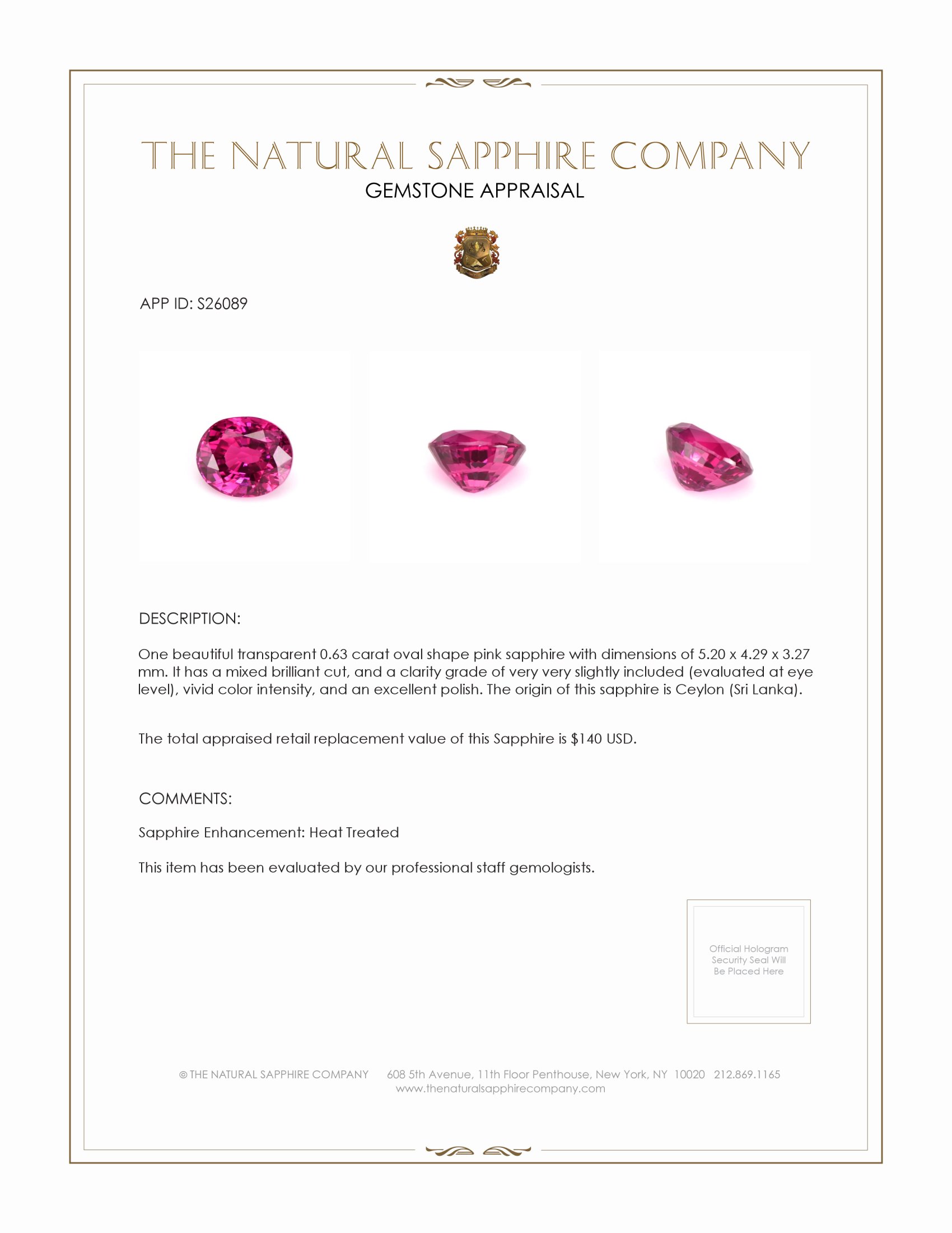 0.63 Ct. Pink Sapphire from Ceylon (Sri Lanka)