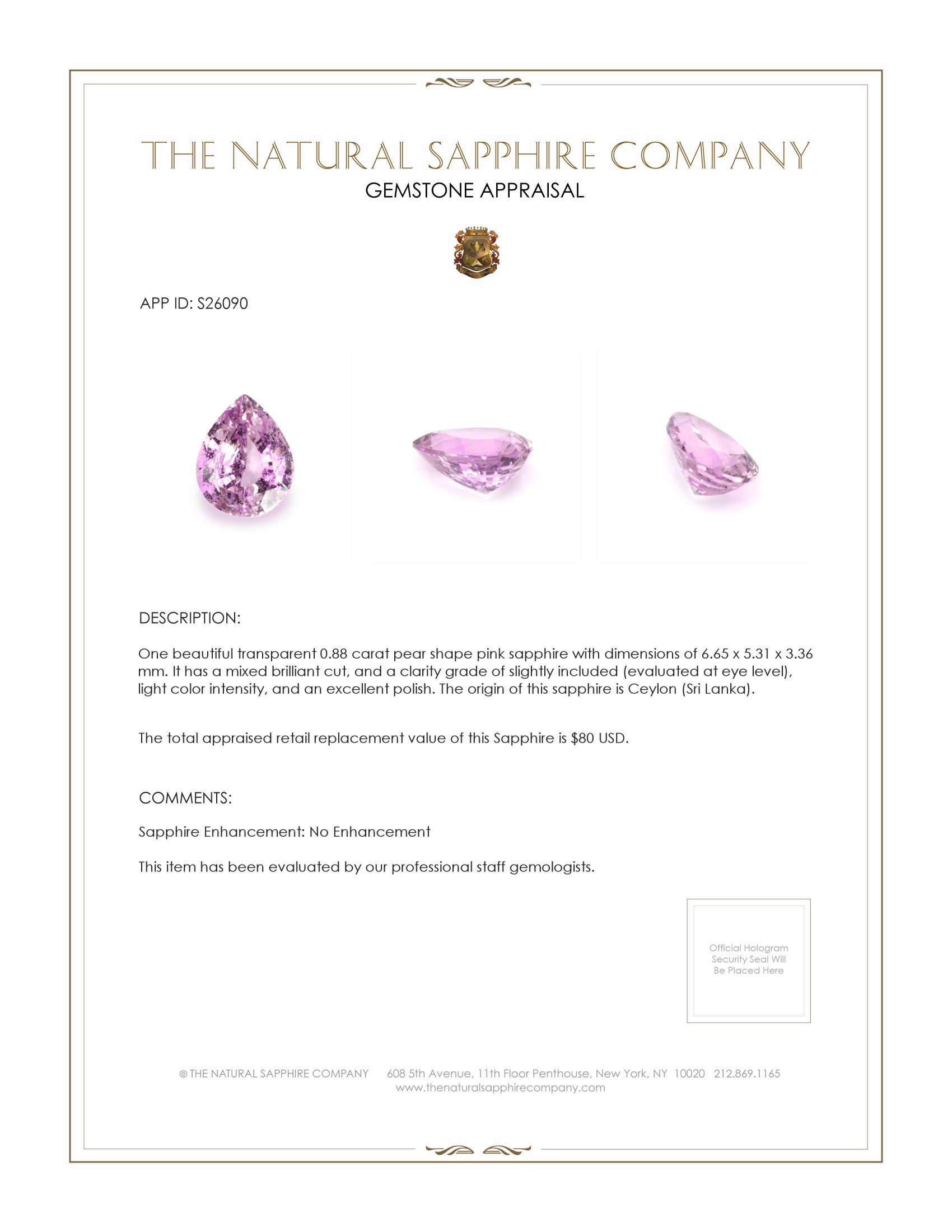 0.88 Ct. Pink Sapphire from Ceylon (Sri Lanka)
