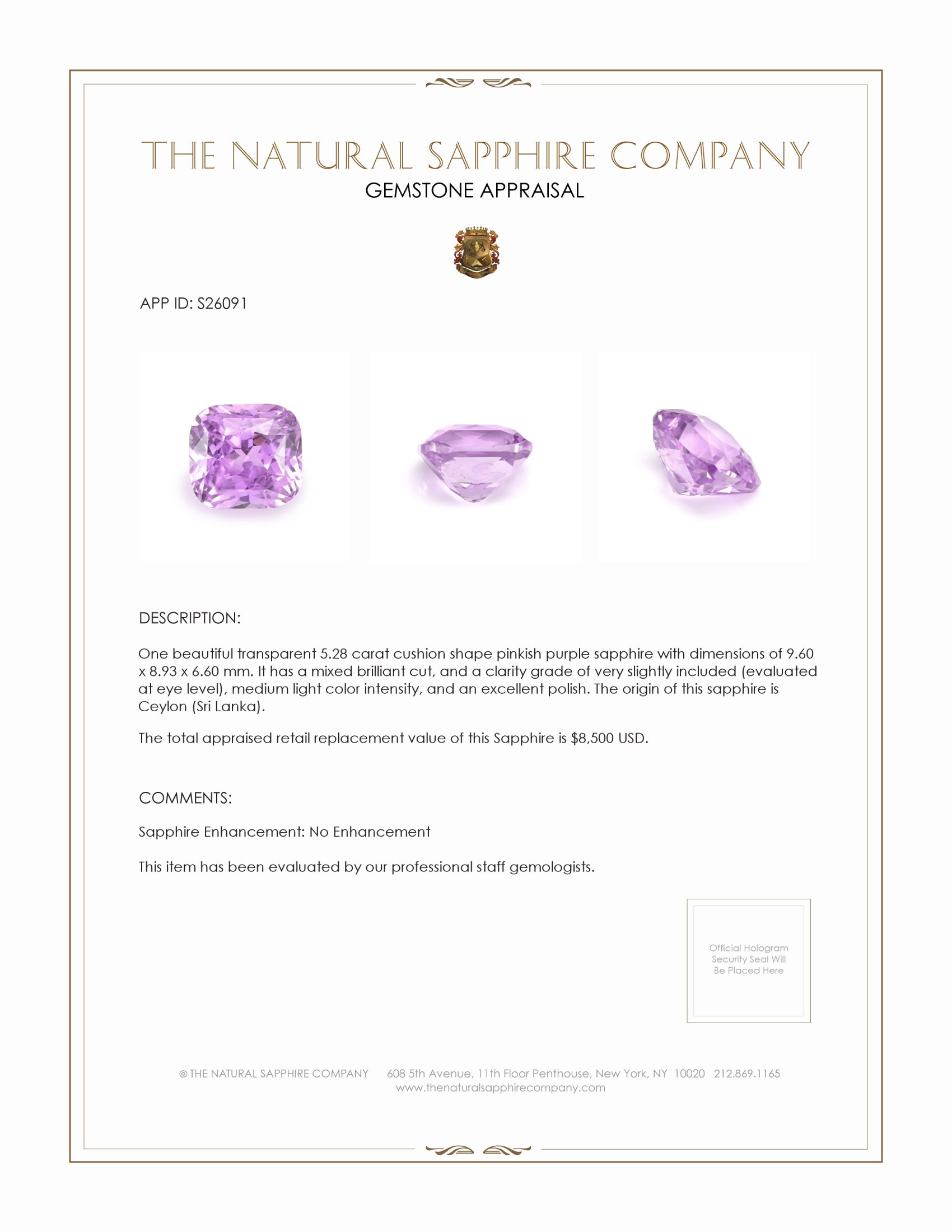 5.28 Ct. Pinkish Purple Sapphire from Ceylon (Sri Lanka)