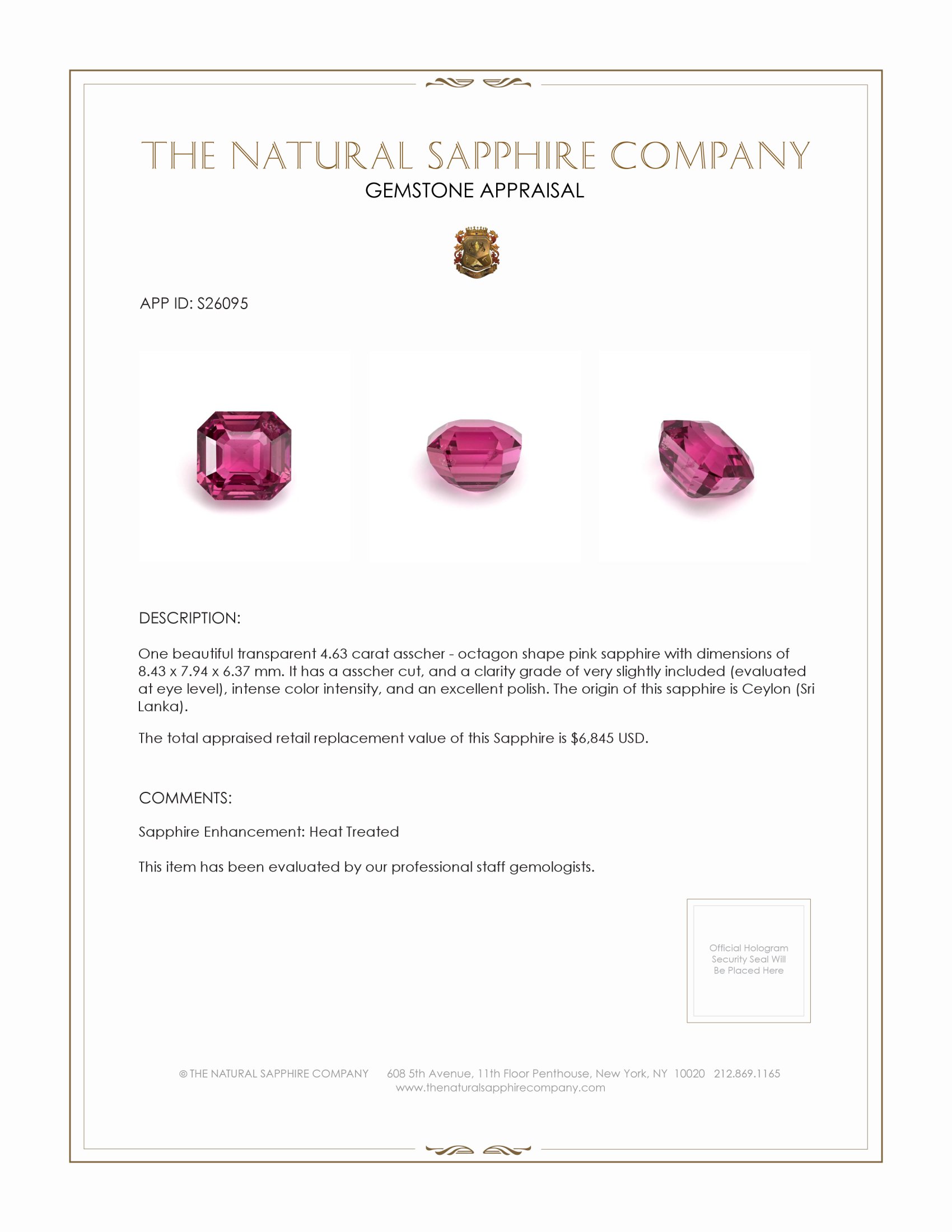 4.63 Ct. Pink Sapphire from Ceylon (Sri Lanka)