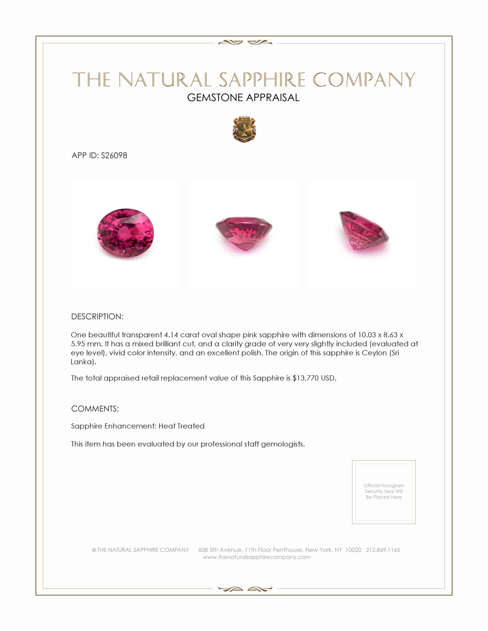 4.14 Ct. Pink Sapphire from Ceylon (Sri Lanka)