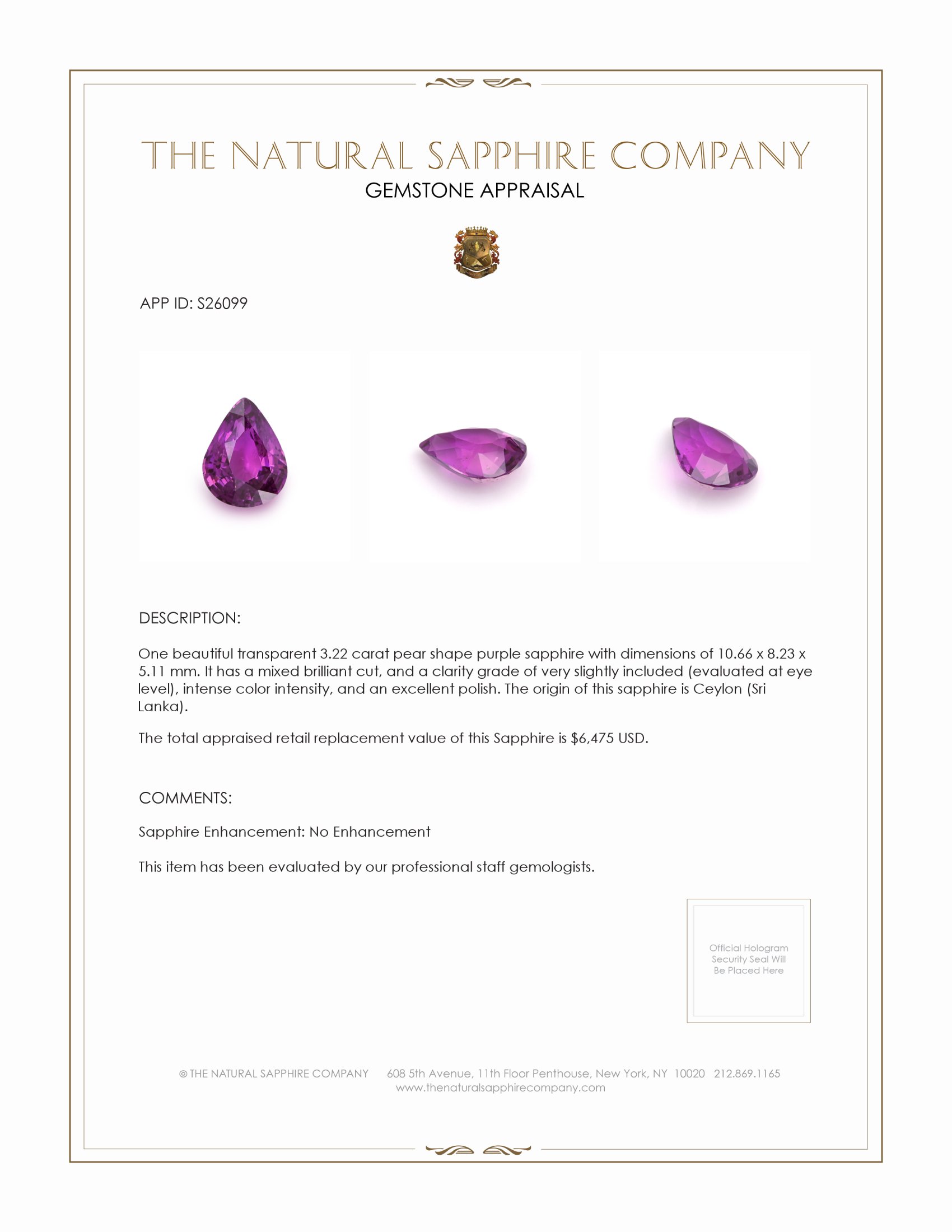 3.22 Ct. Purple Sapphire from Ceylon (Sri Lanka)