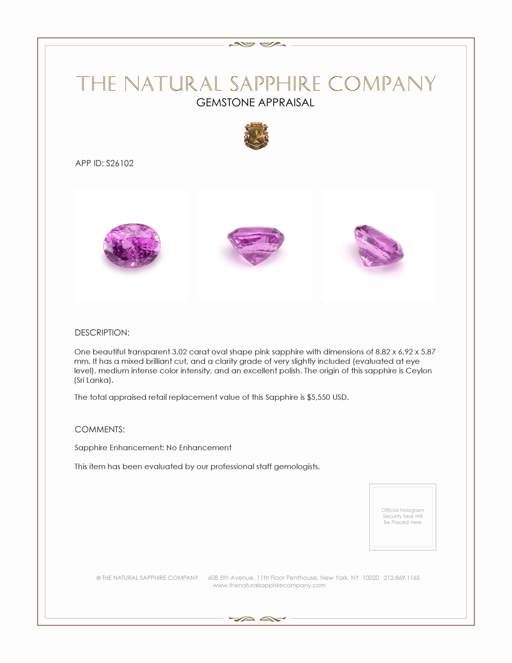3.02 Ct. Pink Sapphire from Ceylon (Sri Lanka)