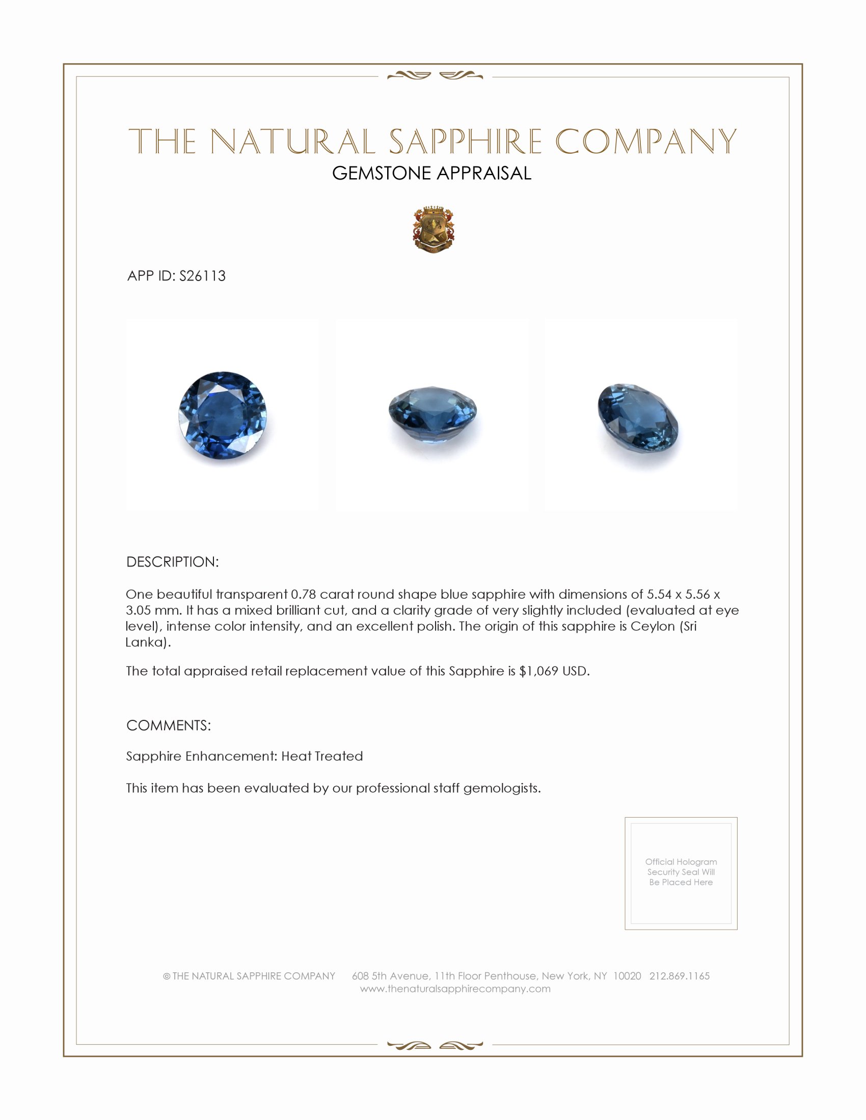 0.78 Ct. Blue Sapphire from Ceylon (Sri Lanka)