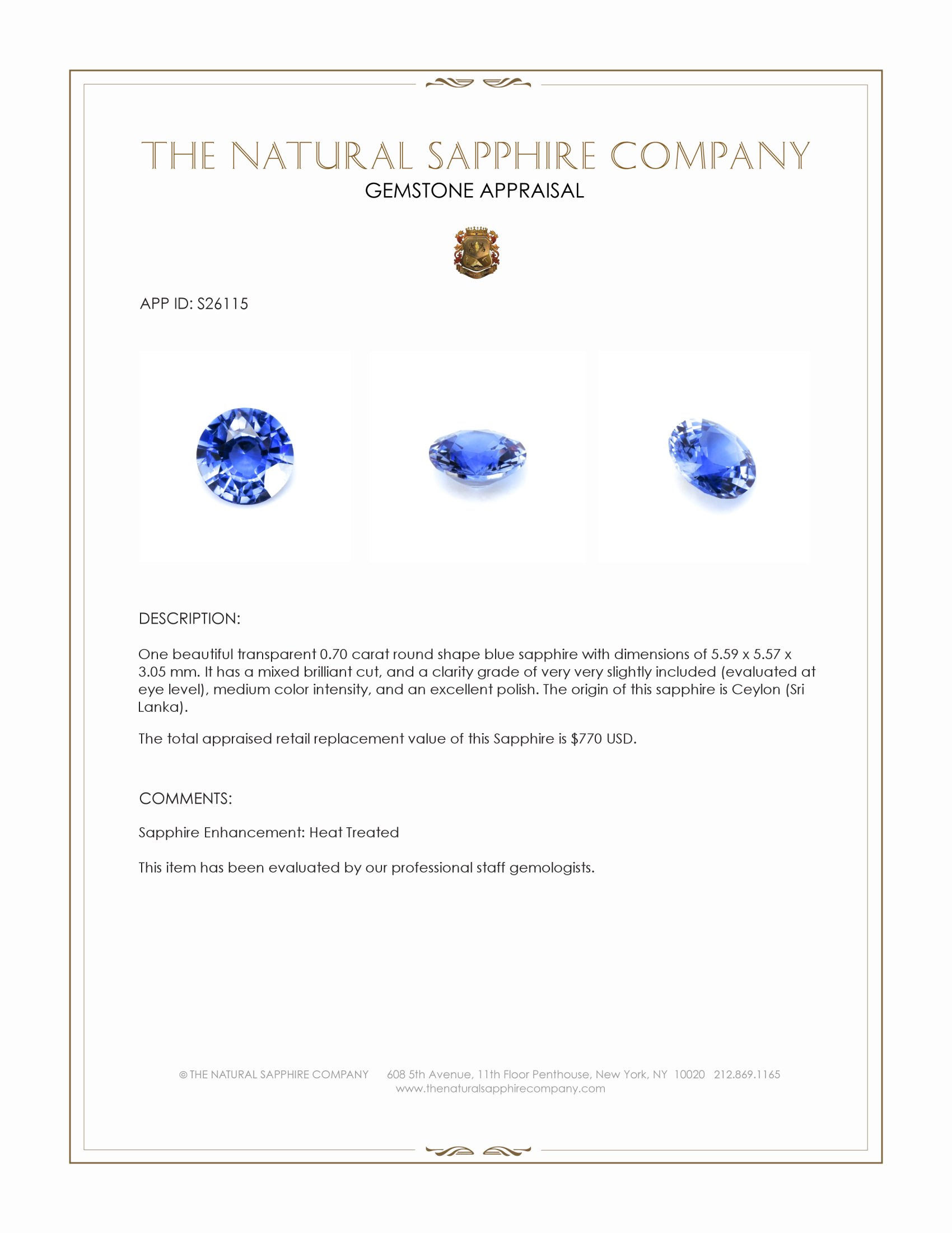 0.70 Ct. Blue Sapphire from Ceylon (Sri Lanka)
