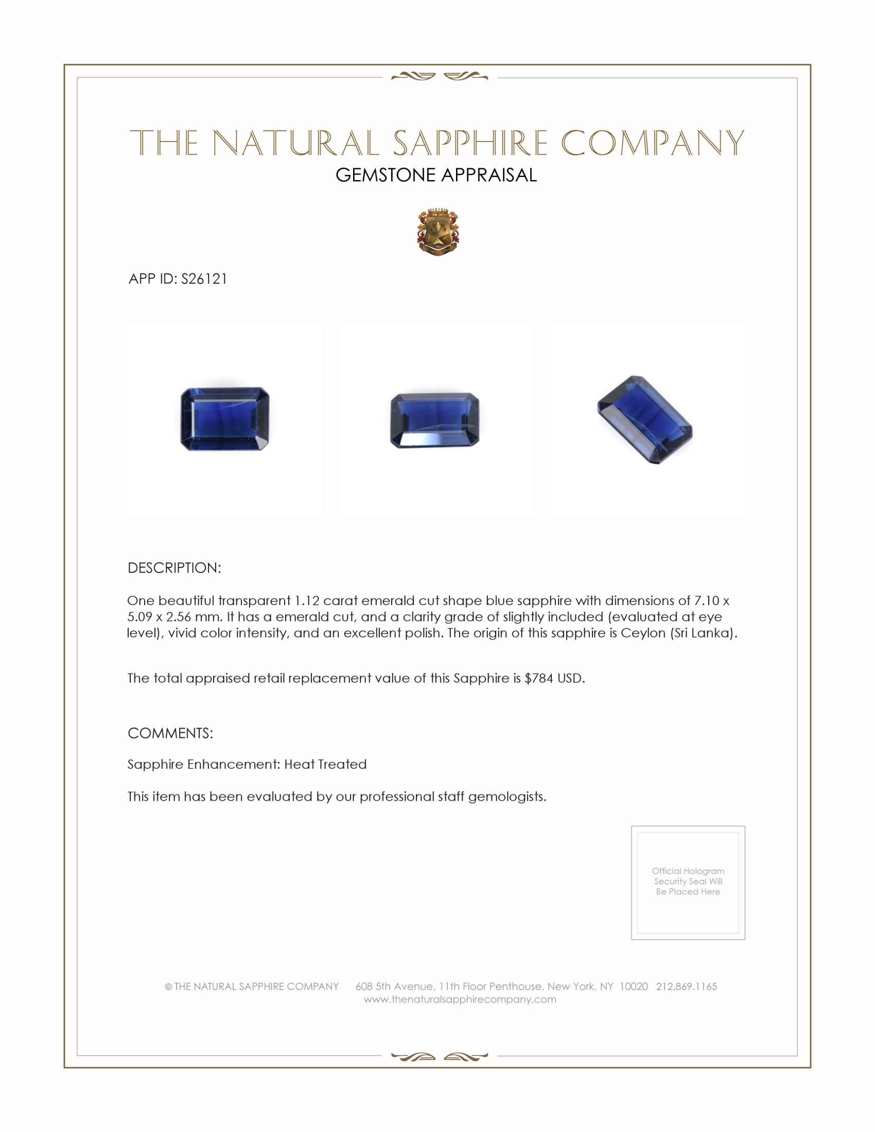 1.12 Ct. Blue Sapphire from Ceylon (Sri Lanka)