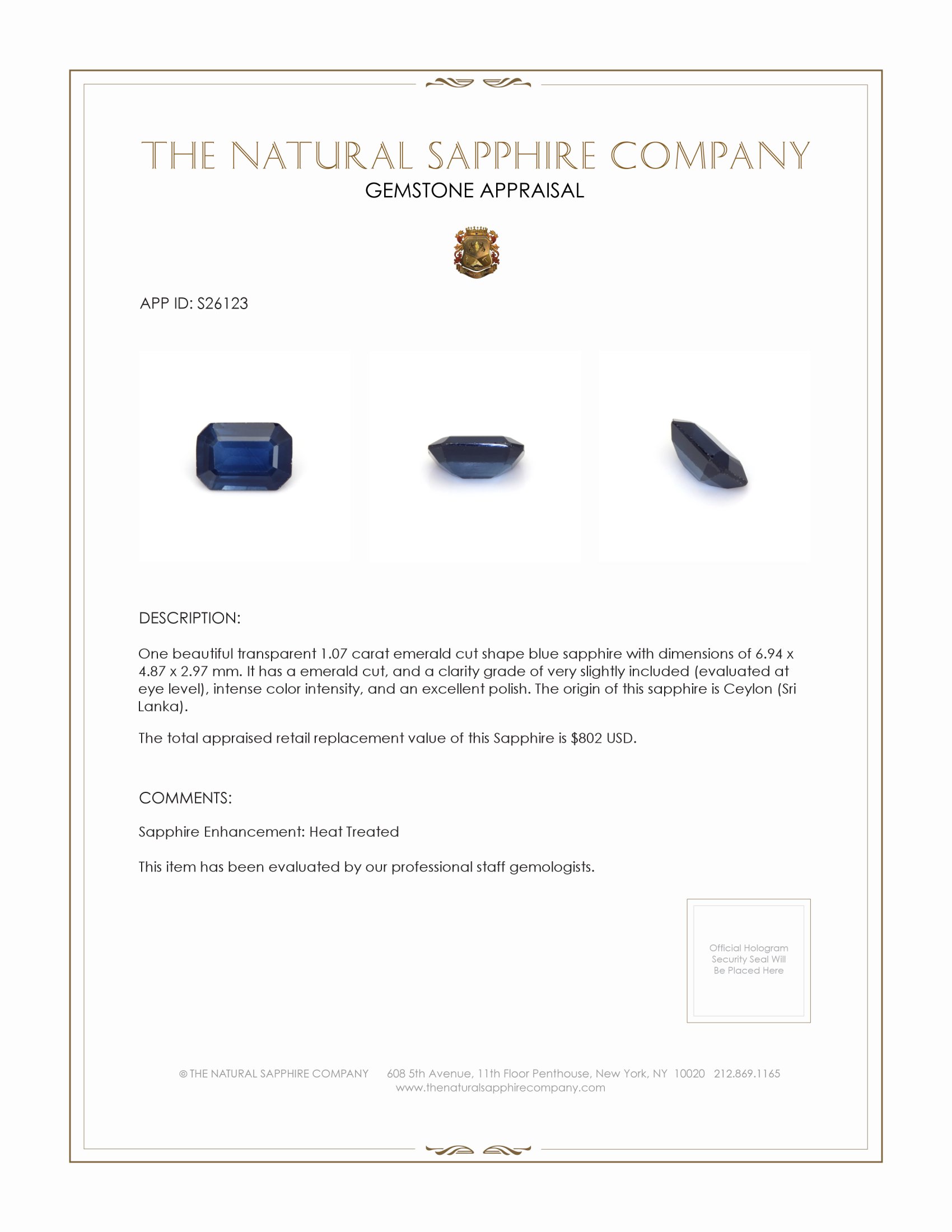 1.07 Ct. Blue Sapphire from Ceylon (Sri Lanka)