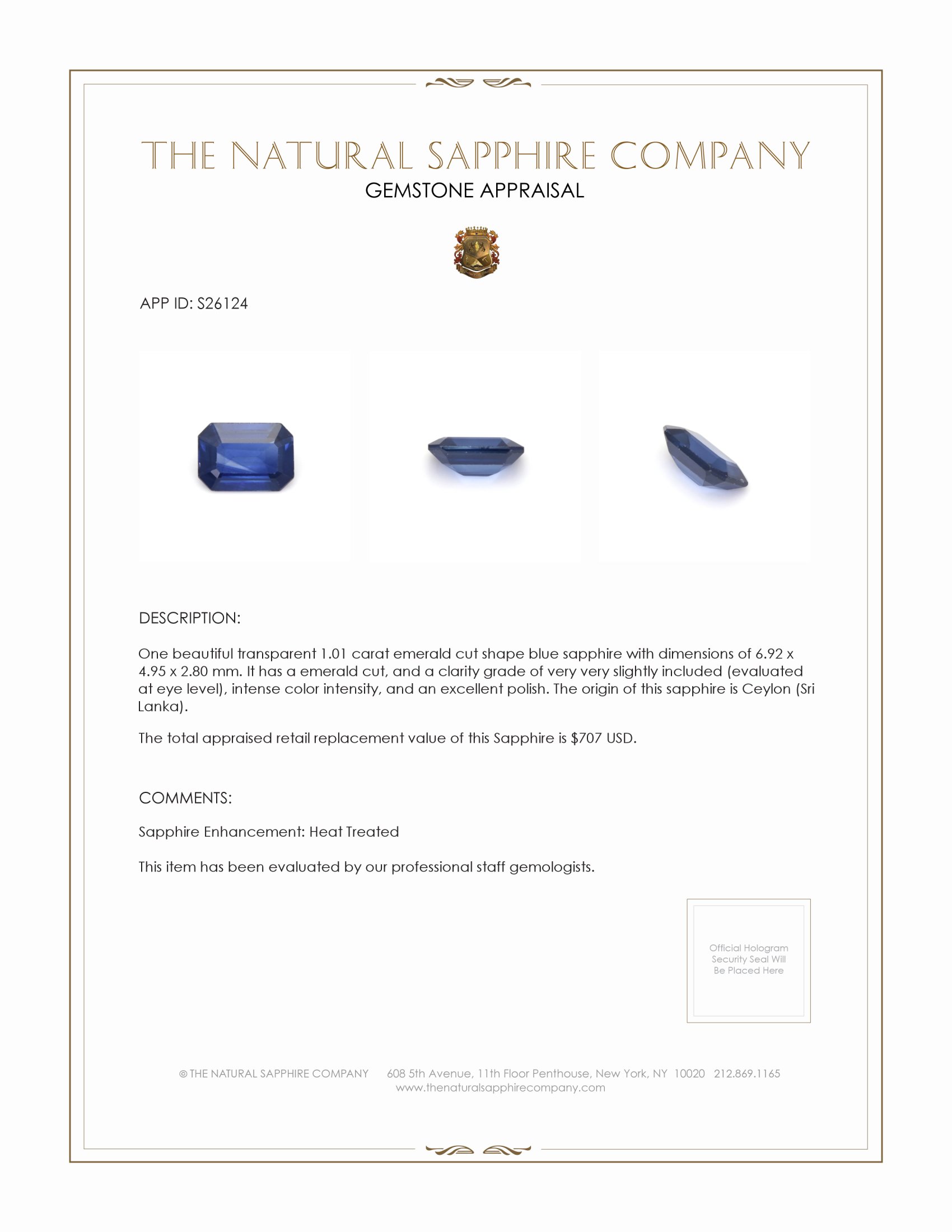 1.01 Ct. Blue Sapphire from Ceylon (Sri Lanka)