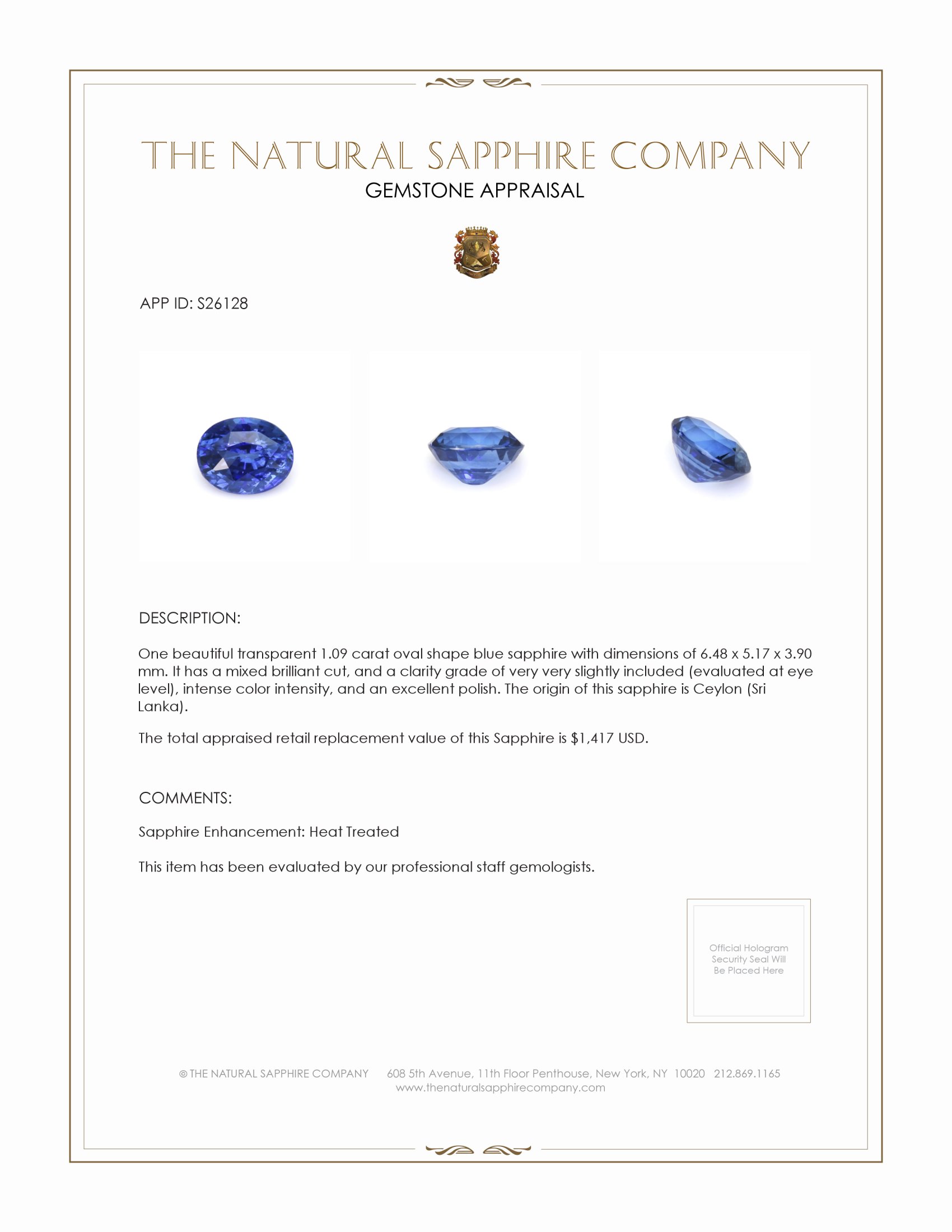1.09 Ct. Blue Sapphire from Ceylon (Sri Lanka)