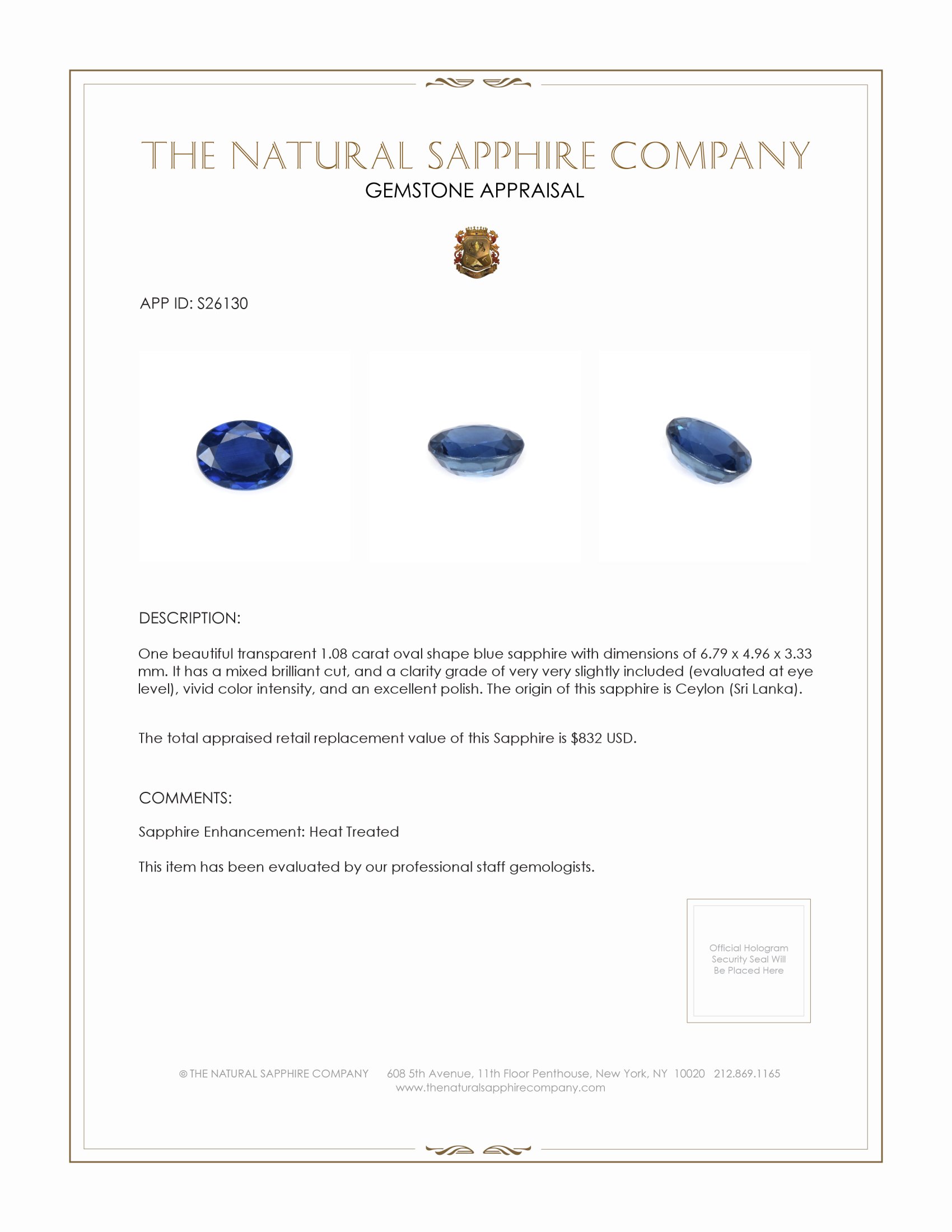 1.08 Ct. Blue Sapphire from Ceylon (Sri Lanka)
