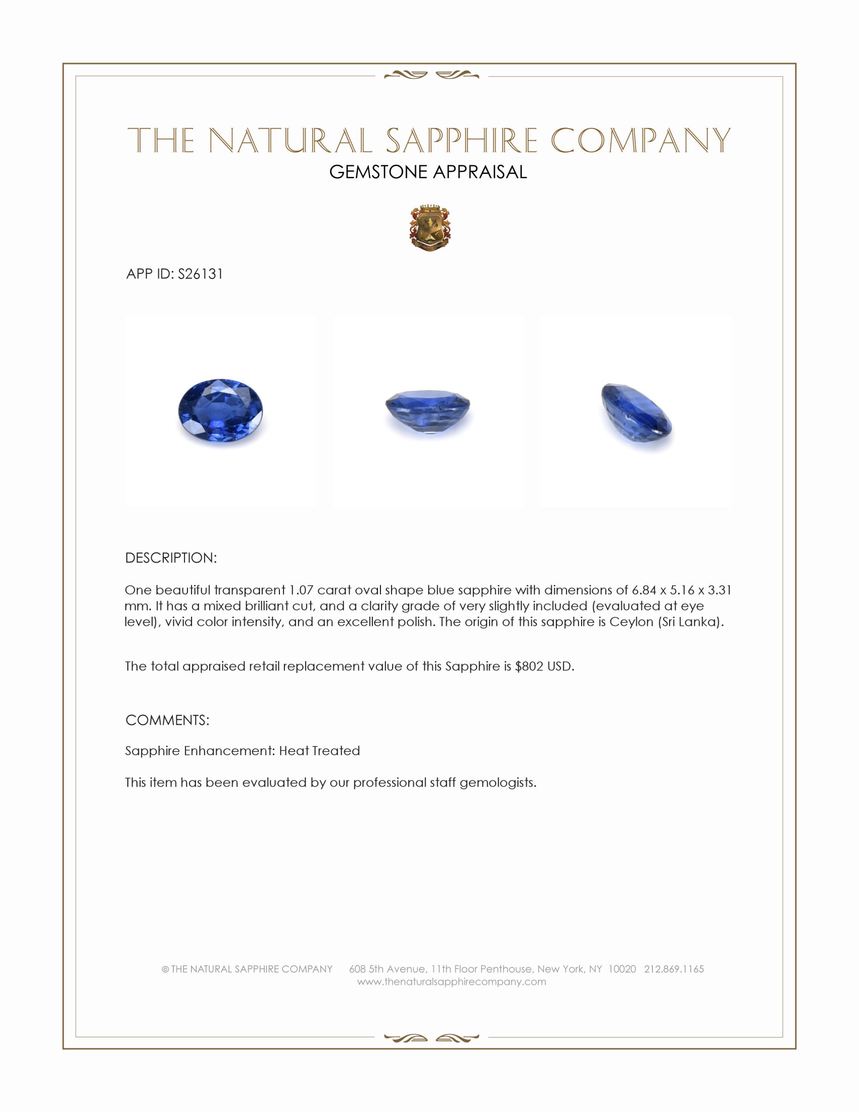 1.07 Ct. Blue Sapphire from Ceylon (Sri Lanka)