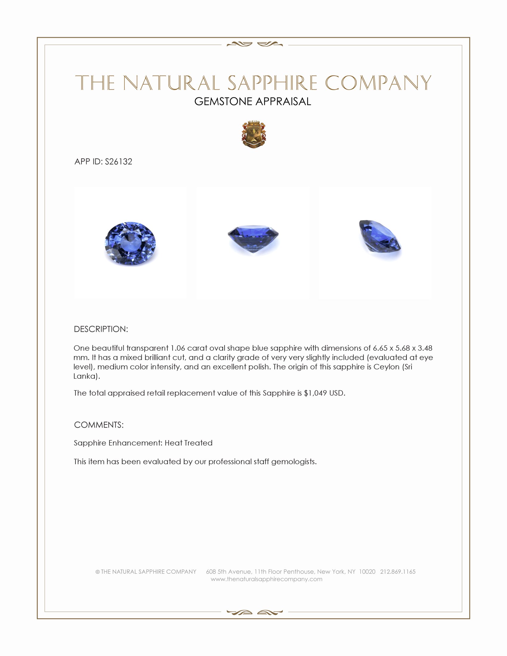 1.06 Ct. Blue Sapphire from Ceylon (Sri Lanka)