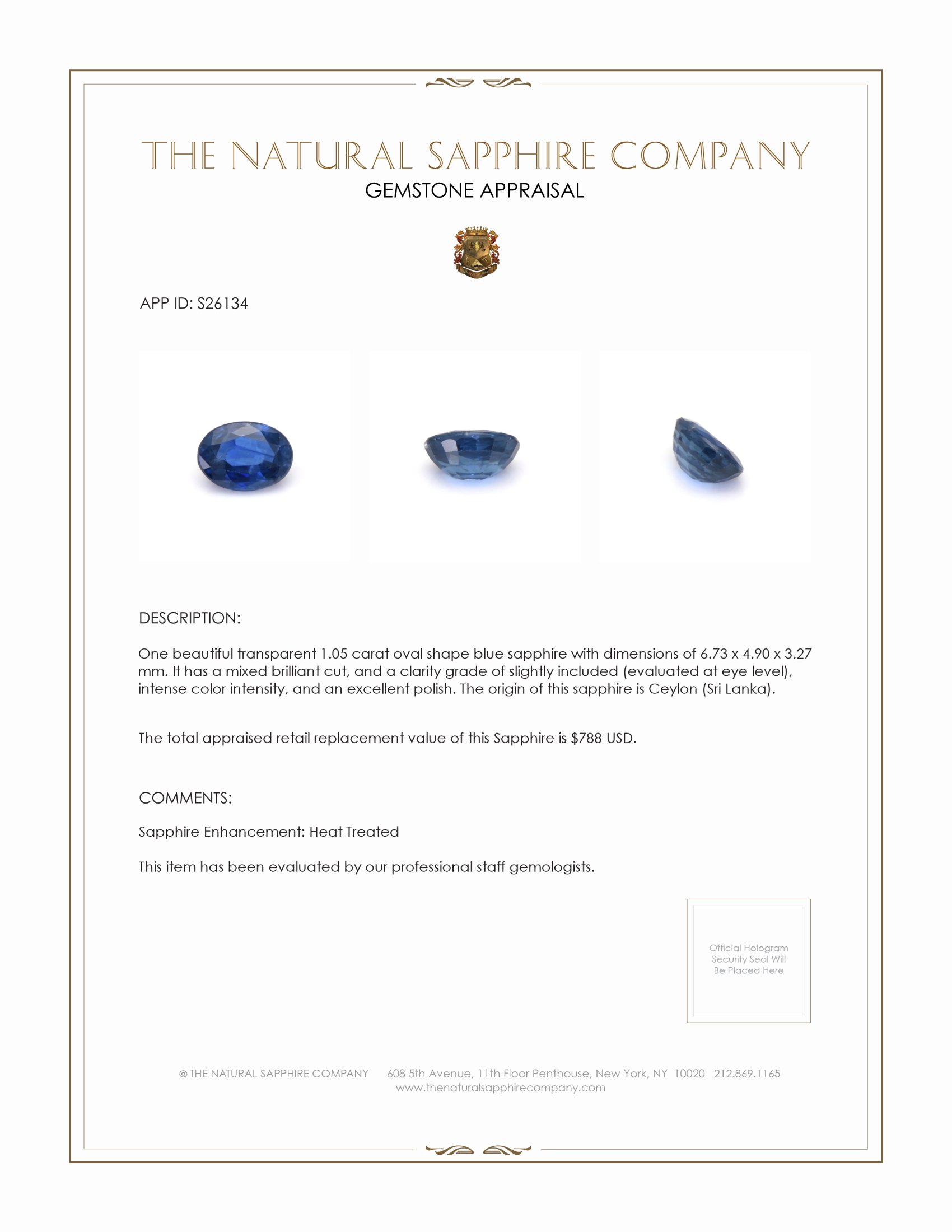 1.05 Ct. Blue Sapphire from Ceylon (Sri Lanka)