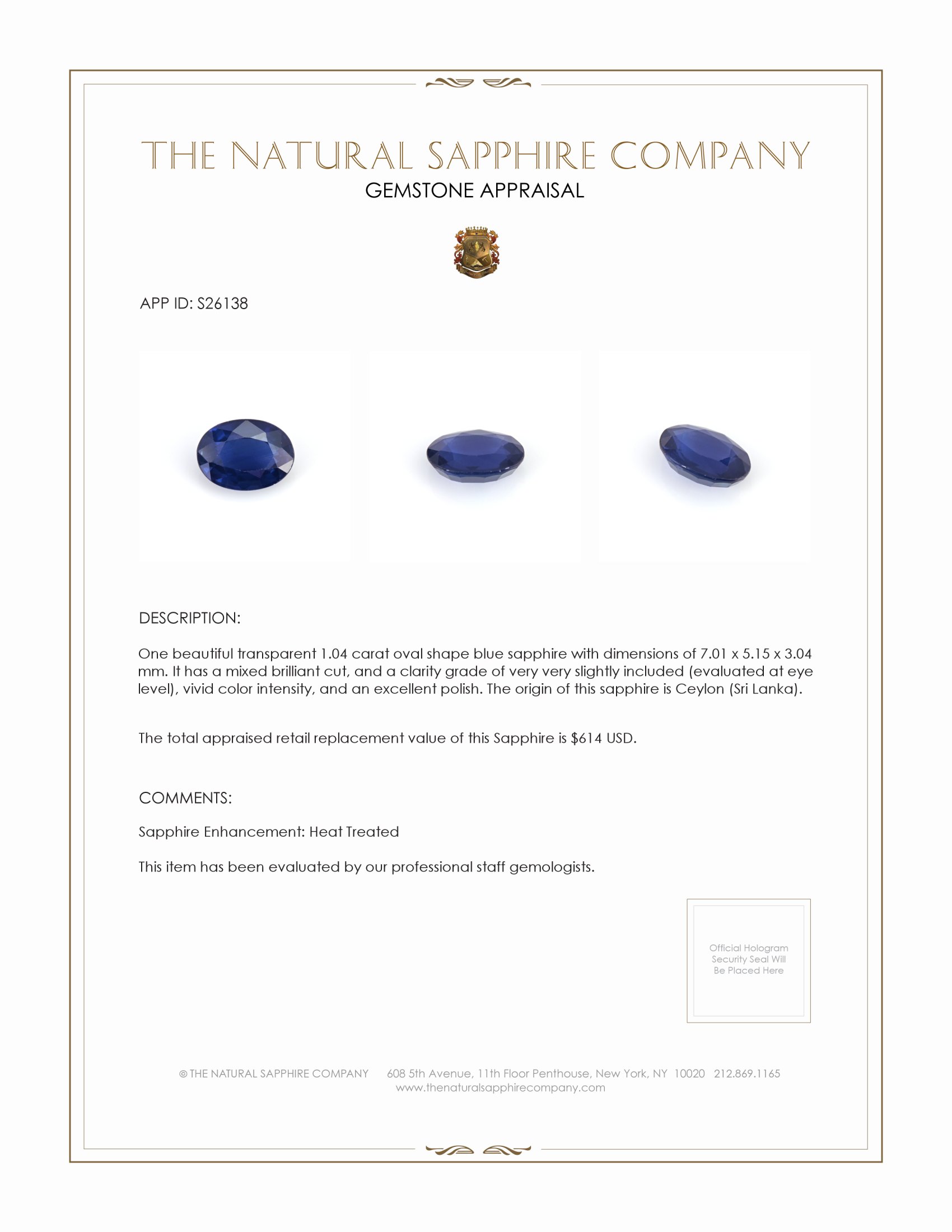 1.04 Ct. Blue Sapphire from Ceylon (Sri Lanka)