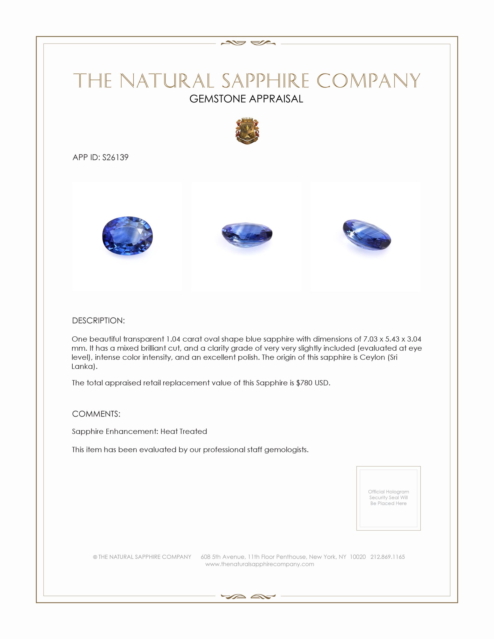 1.04 Ct. Blue Sapphire from Ceylon (Sri Lanka)