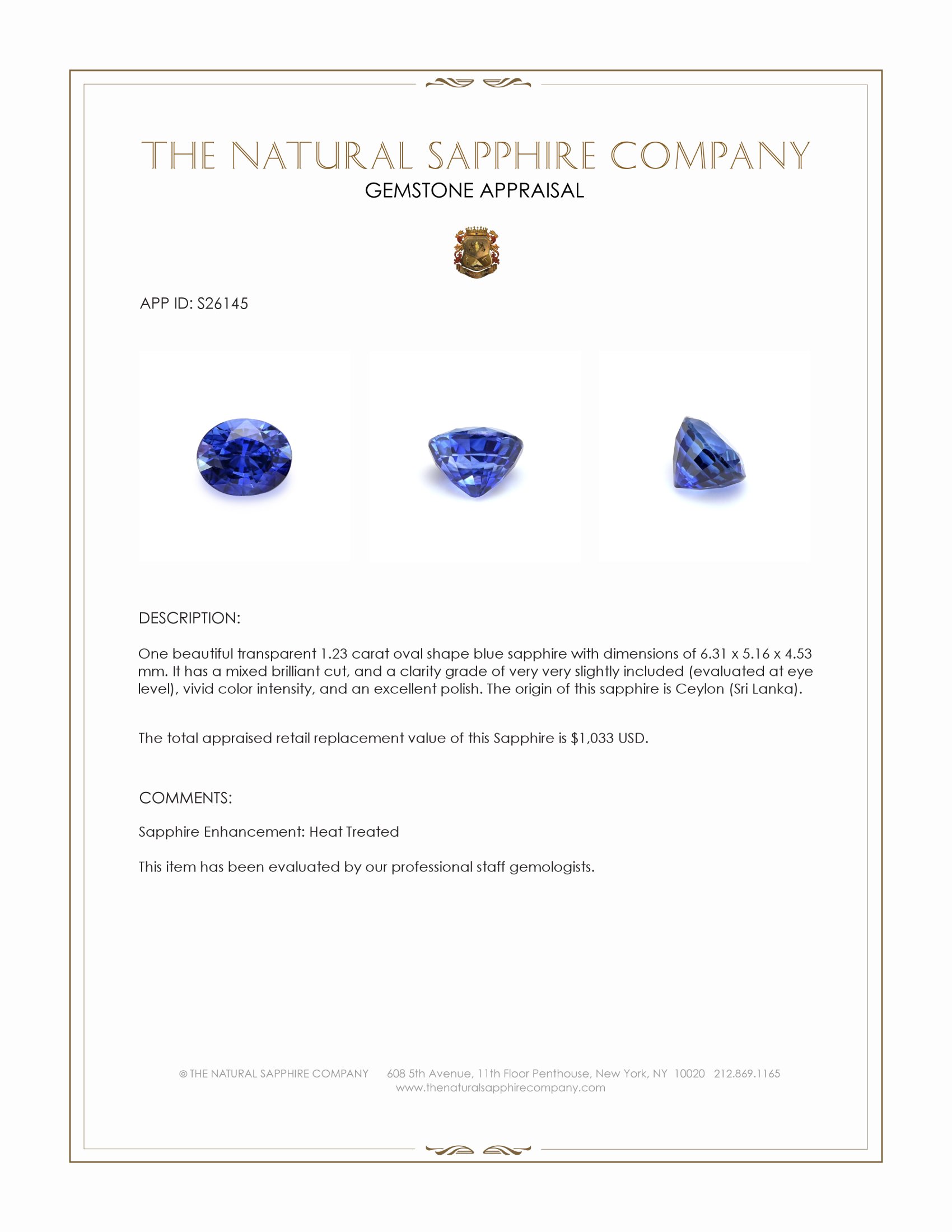 1.23 Ct. Blue Sapphire from Ceylon (Sri Lanka)