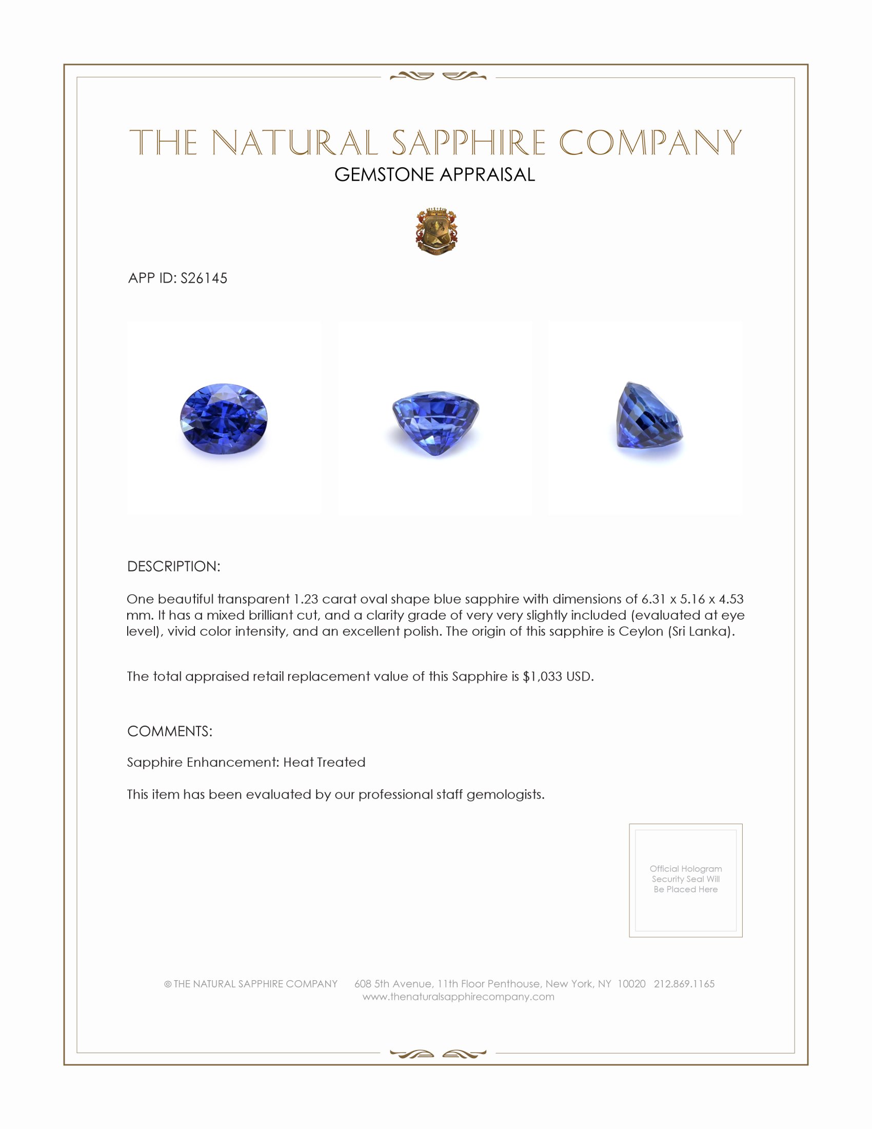 1.23 Ct. Blue Sapphire from Ceylon (Sri Lanka)