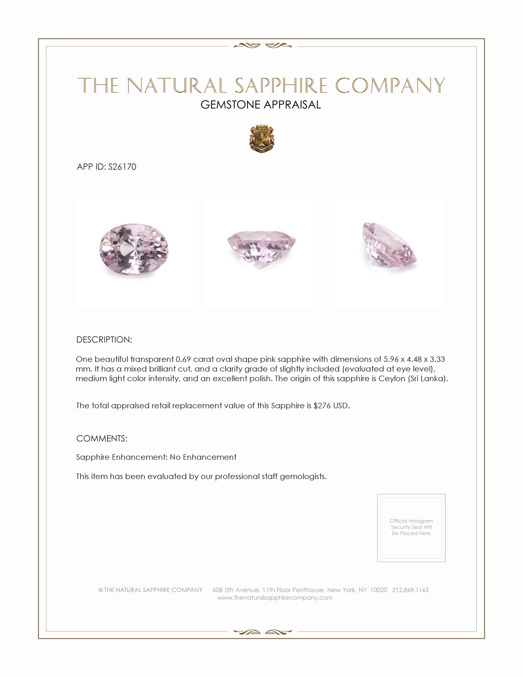 0.69 Ct. Pink Sapphire from Ceylon (Sri Lanka)