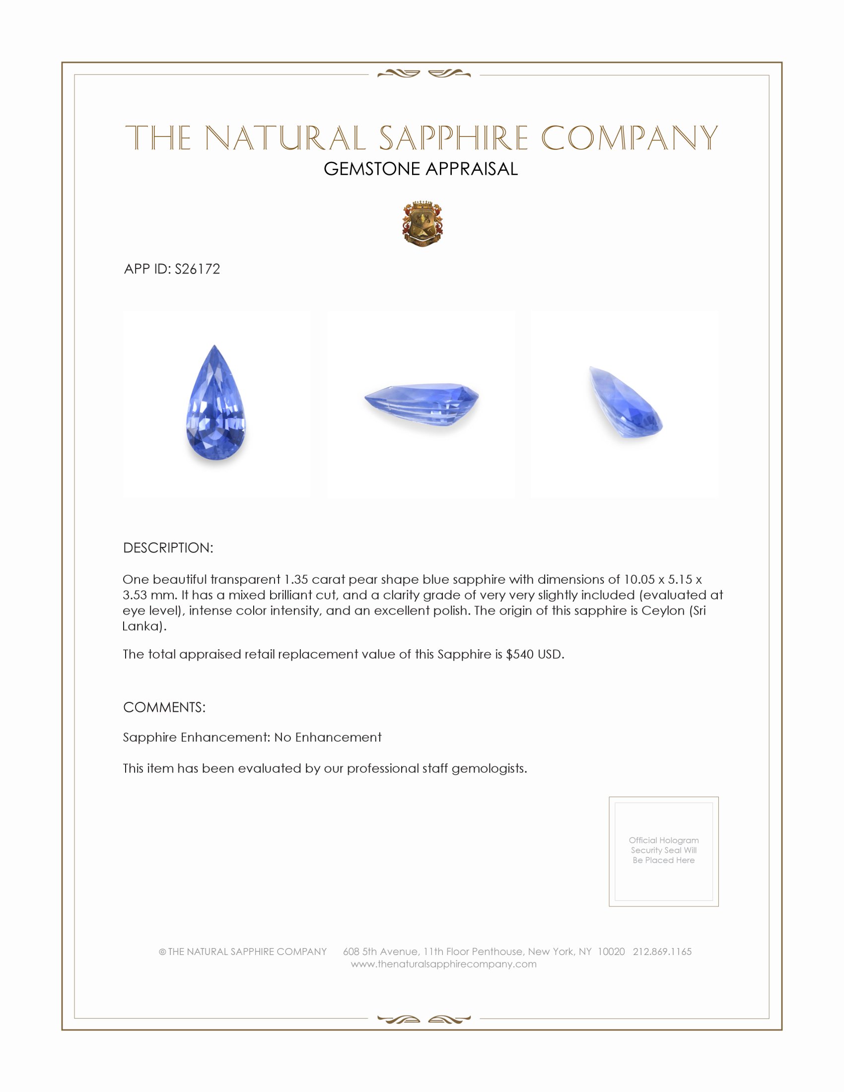 1.35 Ct. Blue Sapphire from Ceylon (Sri Lanka)