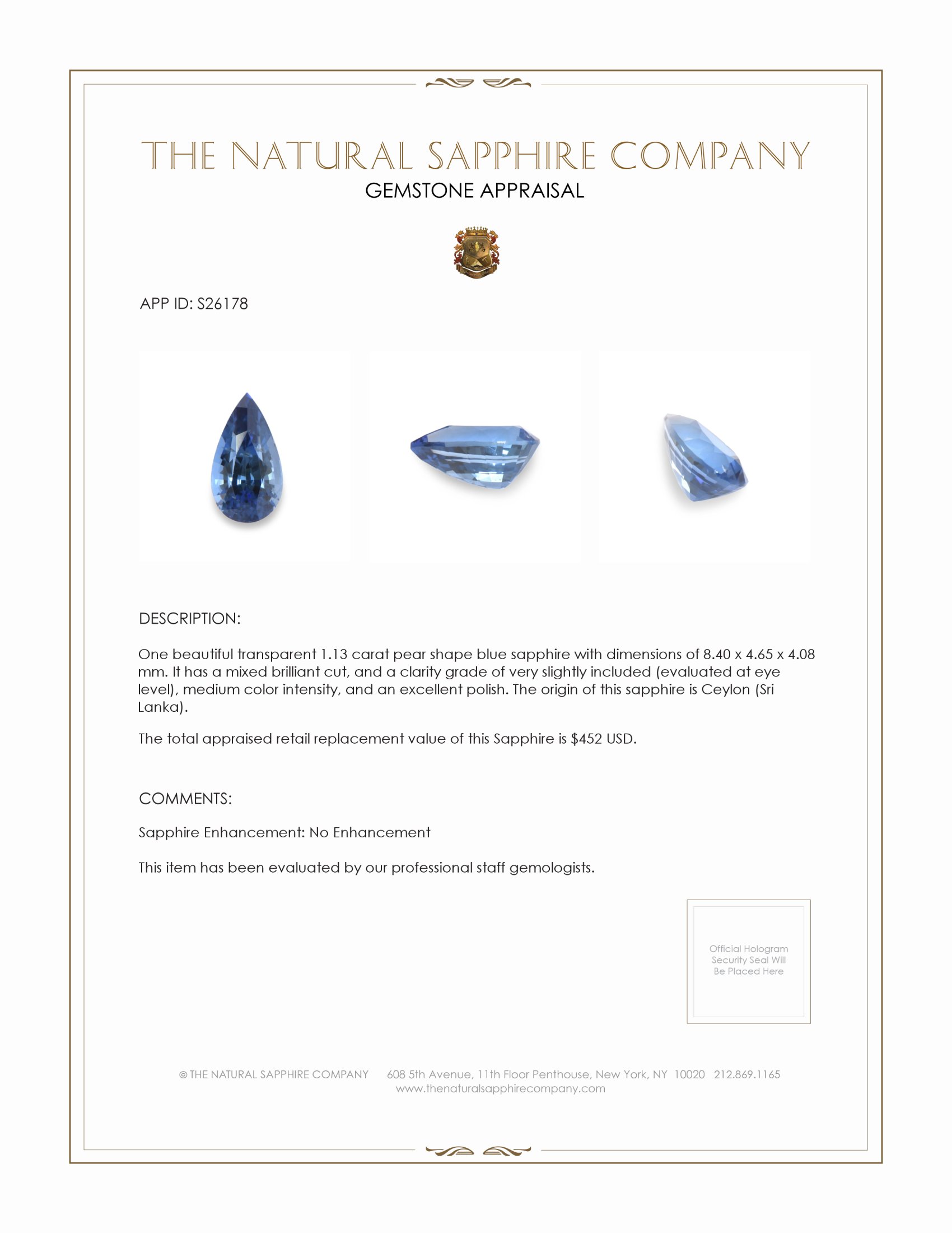 1.13 Ct. Blue Sapphire from Ceylon (Sri Lanka)