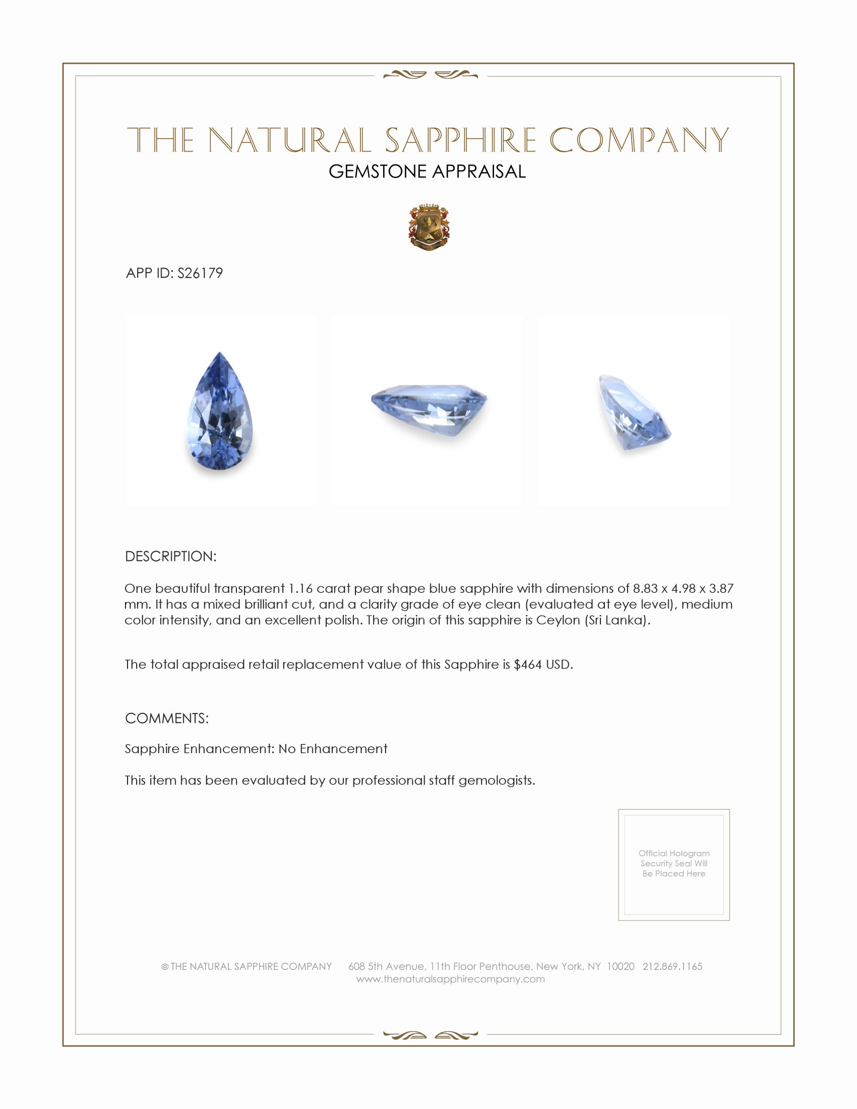 1.16 Ct. Blue Sapphire from Ceylon (Sri Lanka)
