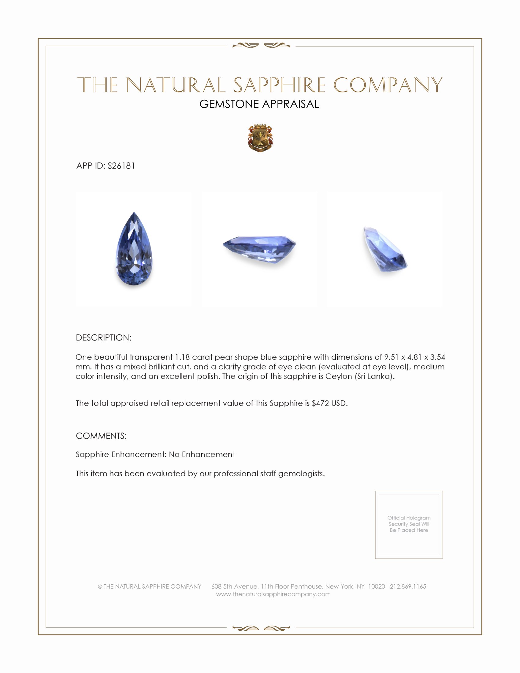 1.18 Ct. Blue Sapphire from Ceylon (Sri Lanka)