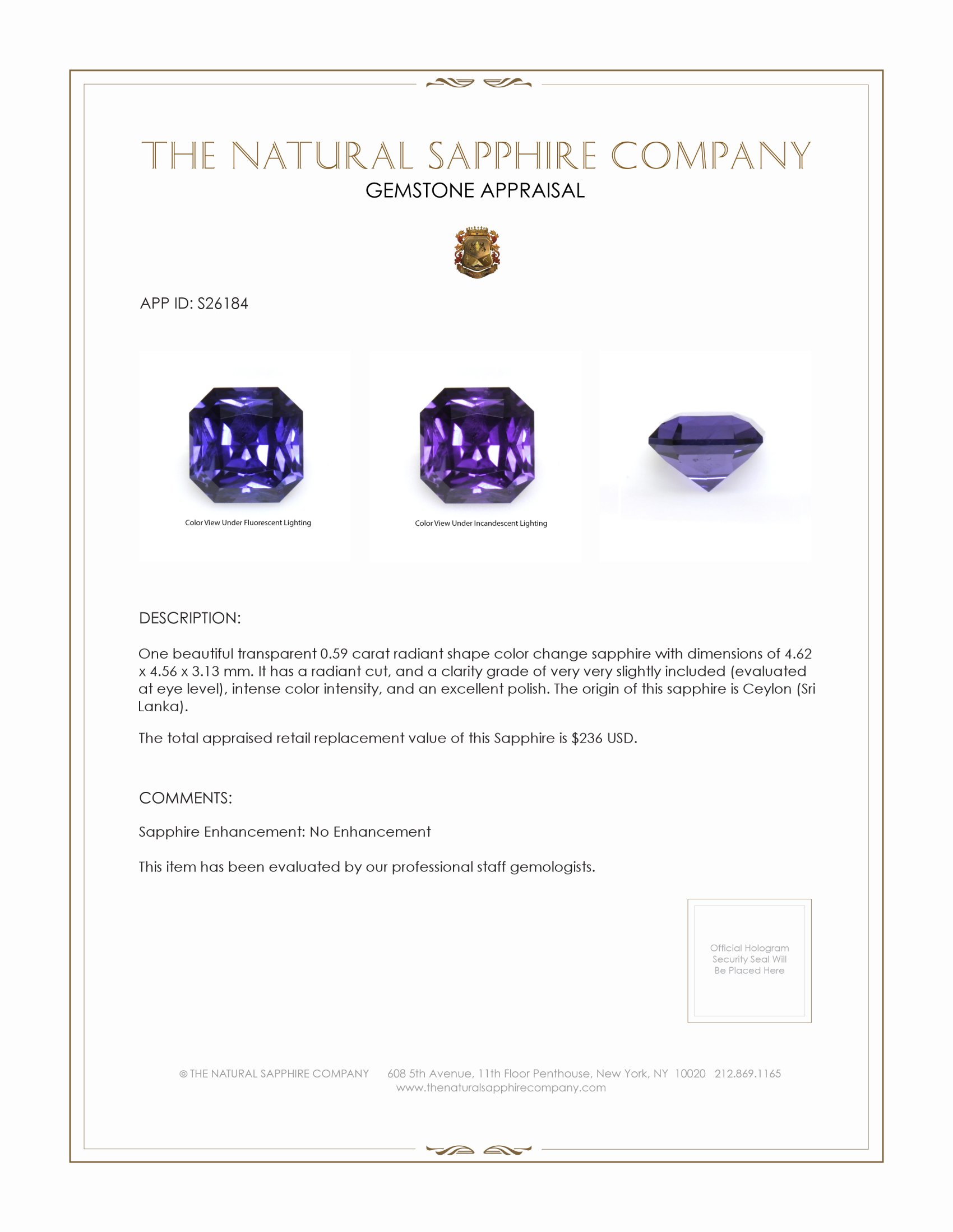 0.59 Ct. Color Change Sapphire from Ceylon (Sri Lanka)