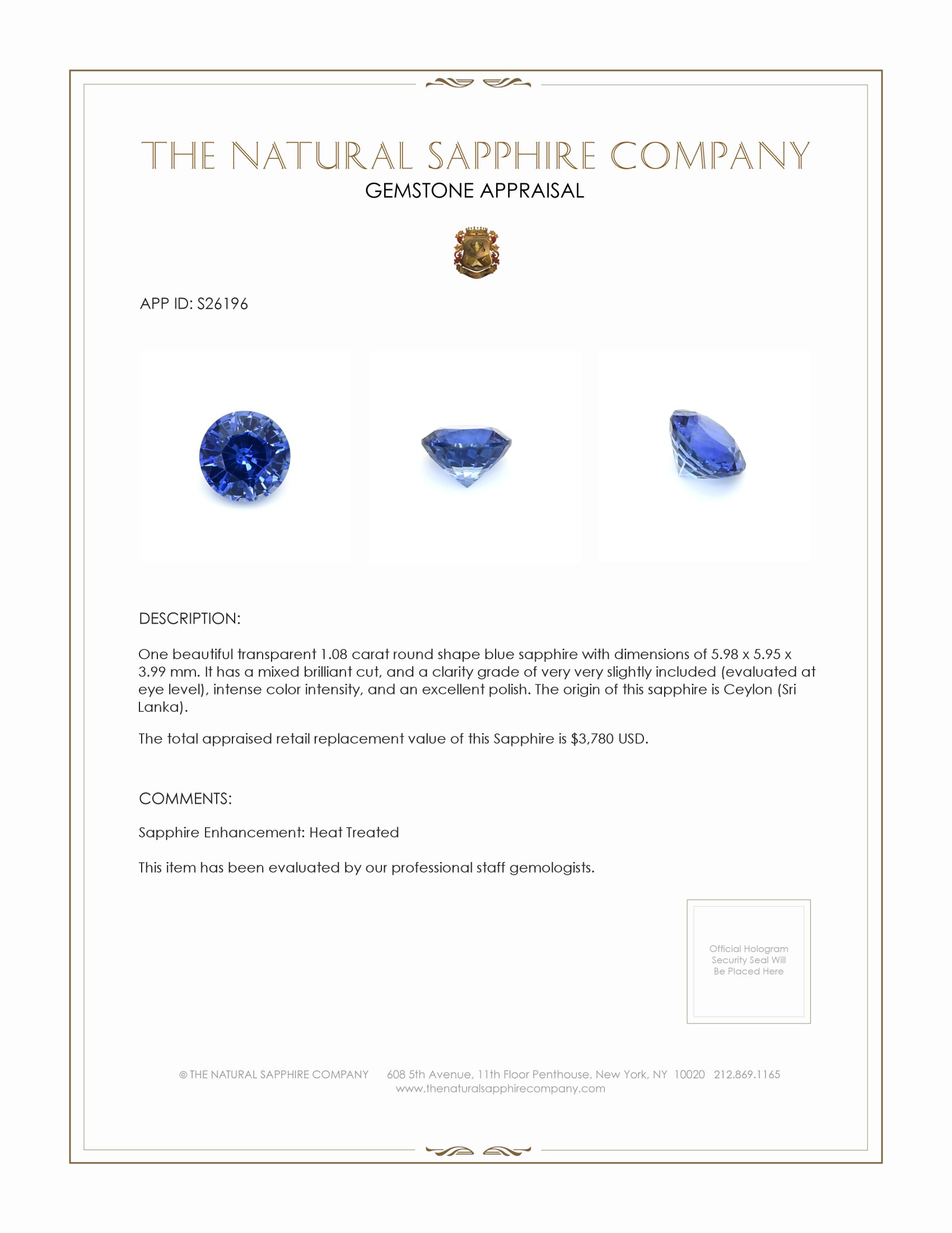 1.08 Ct. Blue Sapphire from Ceylon (Sri Lanka)