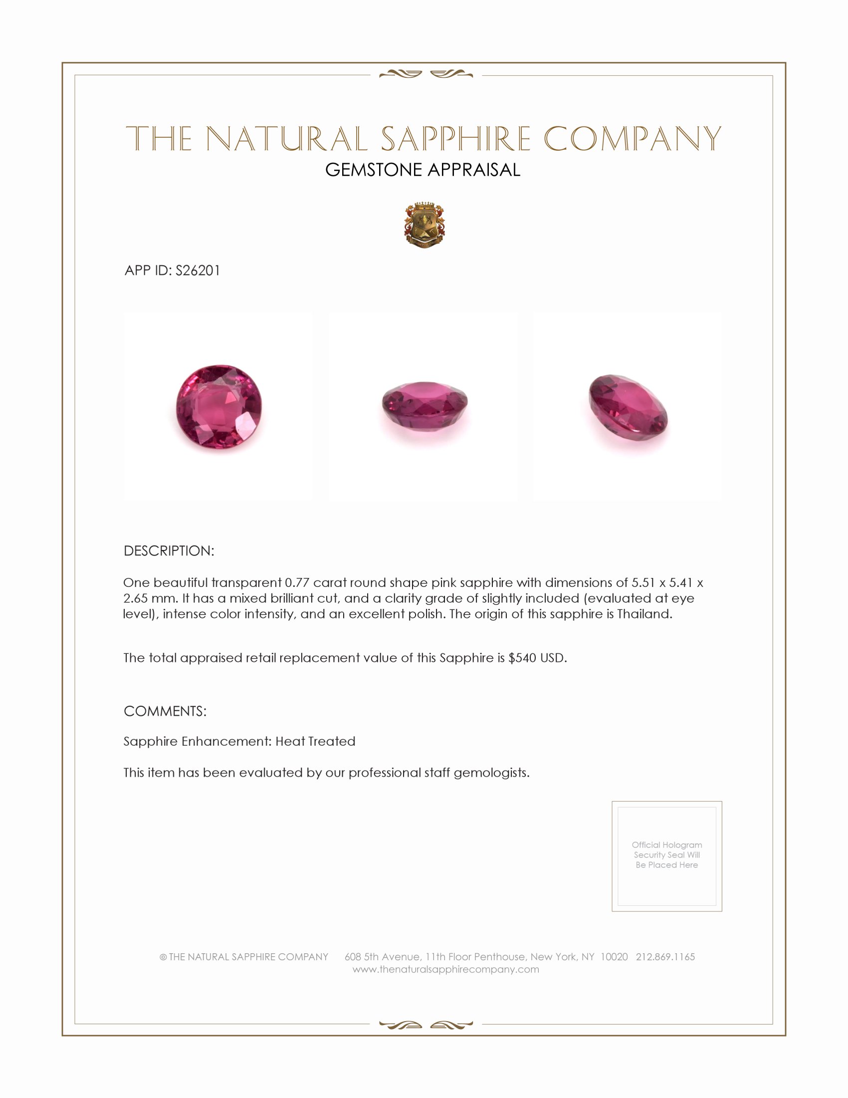0.77 Ct. Pink Sapphire from Thailand