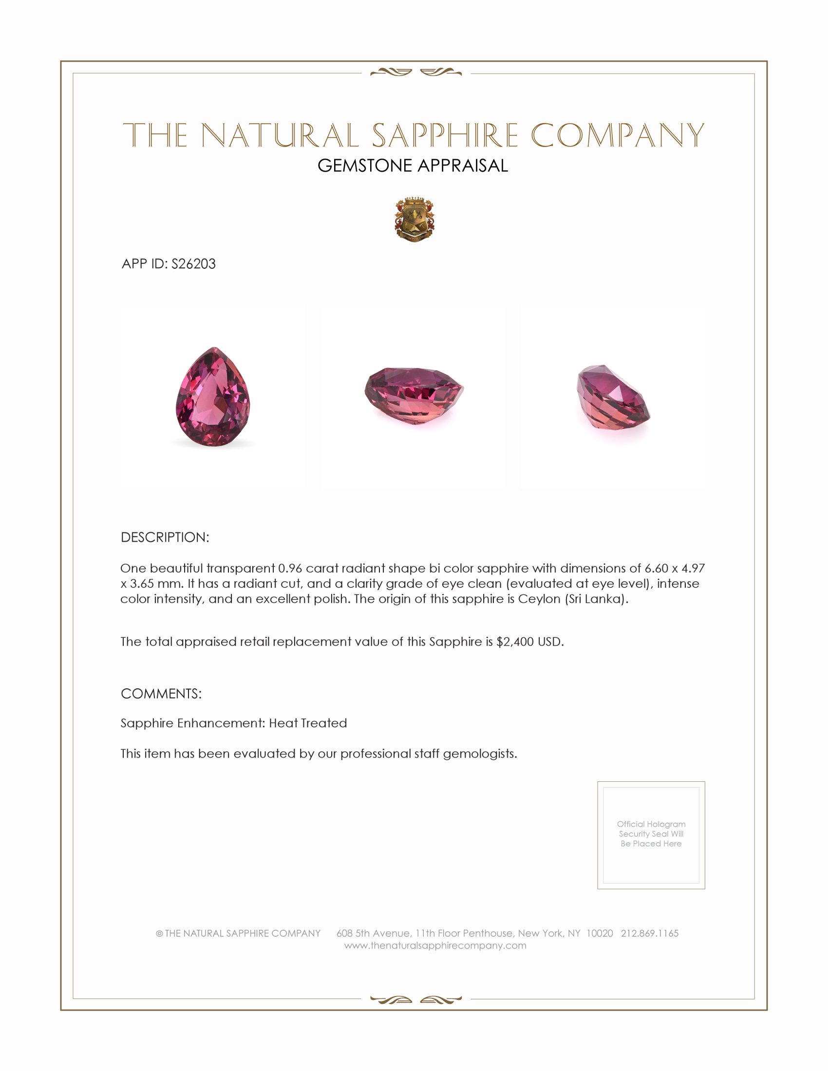0.96 Ct. Pink Sapphire from Ceylon (Sri Lanka)