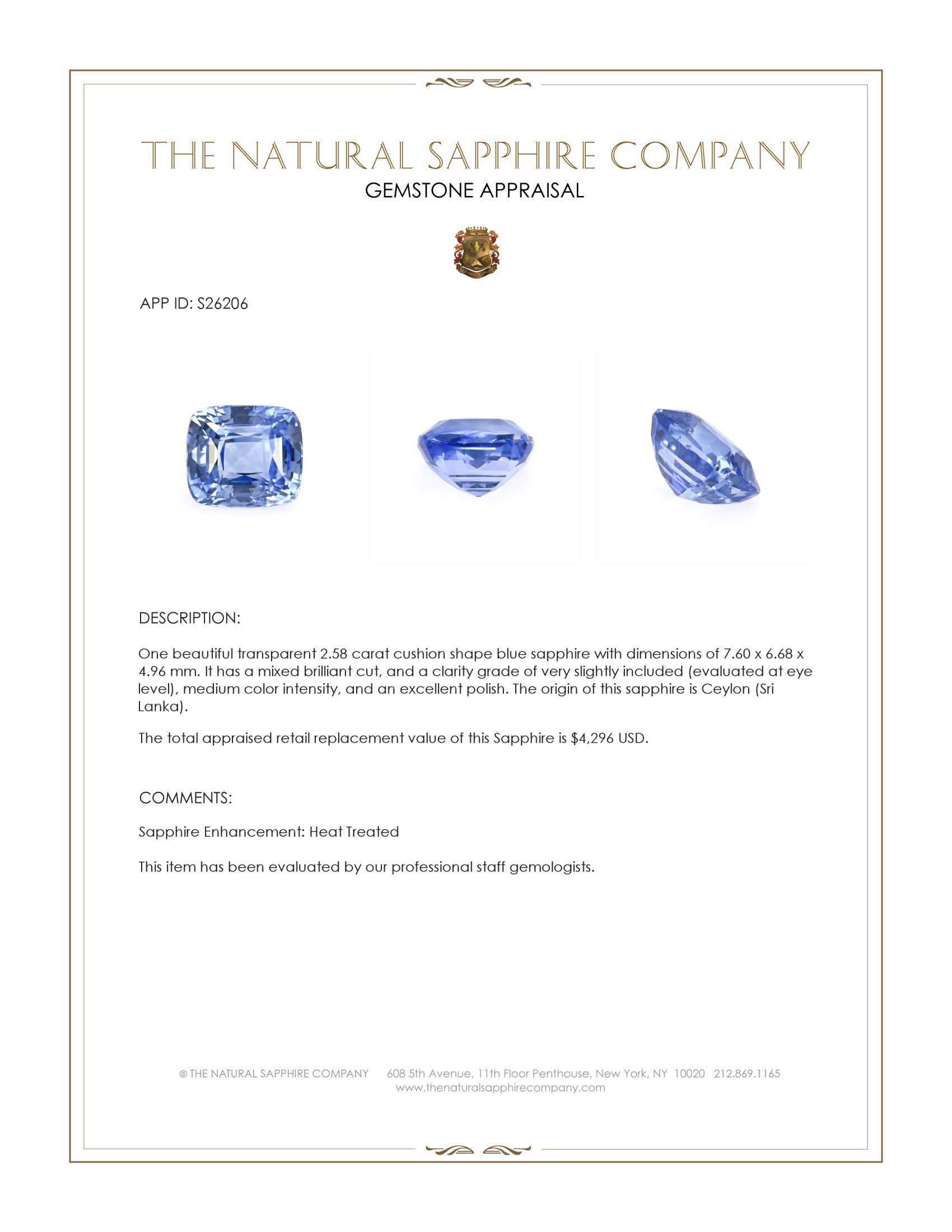 2.58 Ct. Blue Sapphire from Ceylon (Sri Lanka)