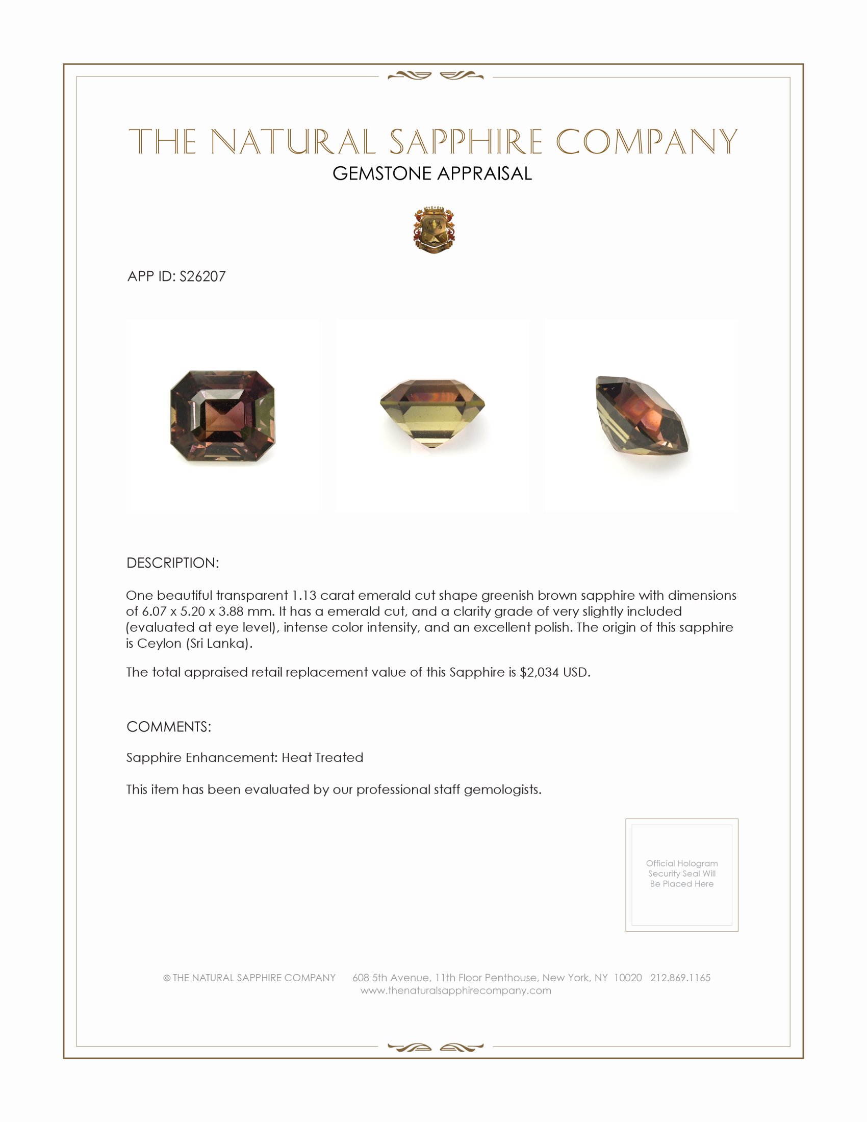 1.13 Ct. Greenish Brown Sapphire from Ceylon (Sri Lanka)