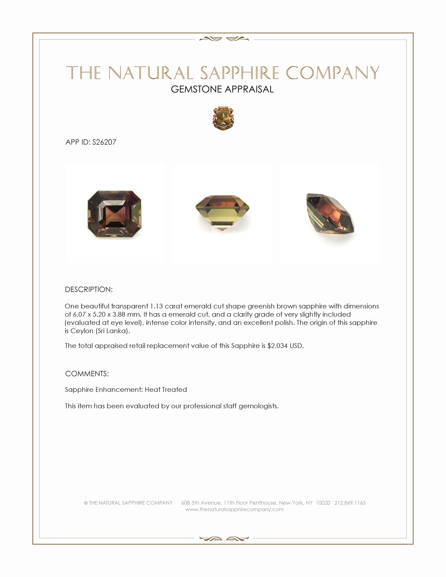 1.13 Ct. Greenish Brown Sapphire from Ceylon (Sri Lanka)