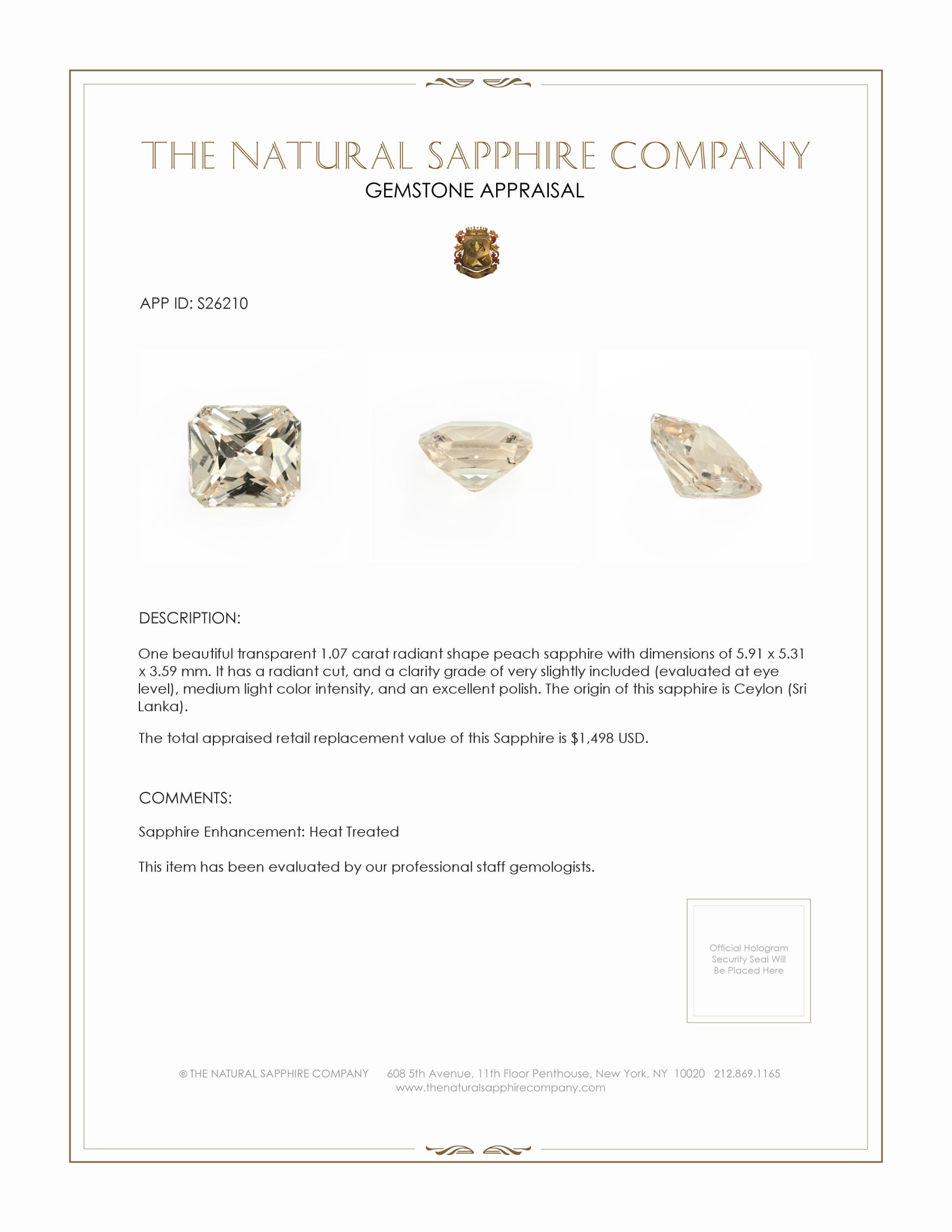 1.07 Ct. Peach Sapphire from Ceylon (Sri Lanka)