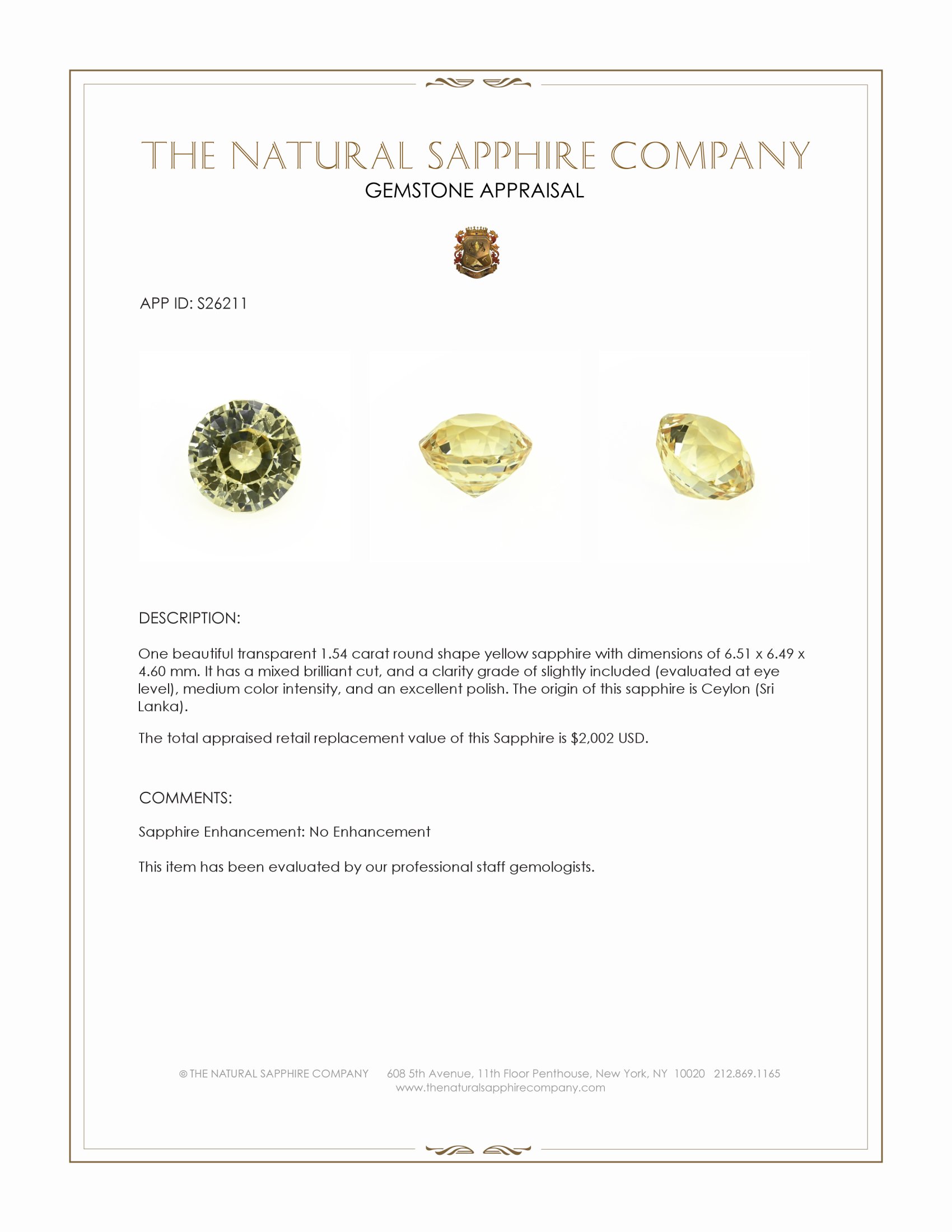 1.54 Ct. Yellow Sapphire from Ceylon (Sri Lanka)