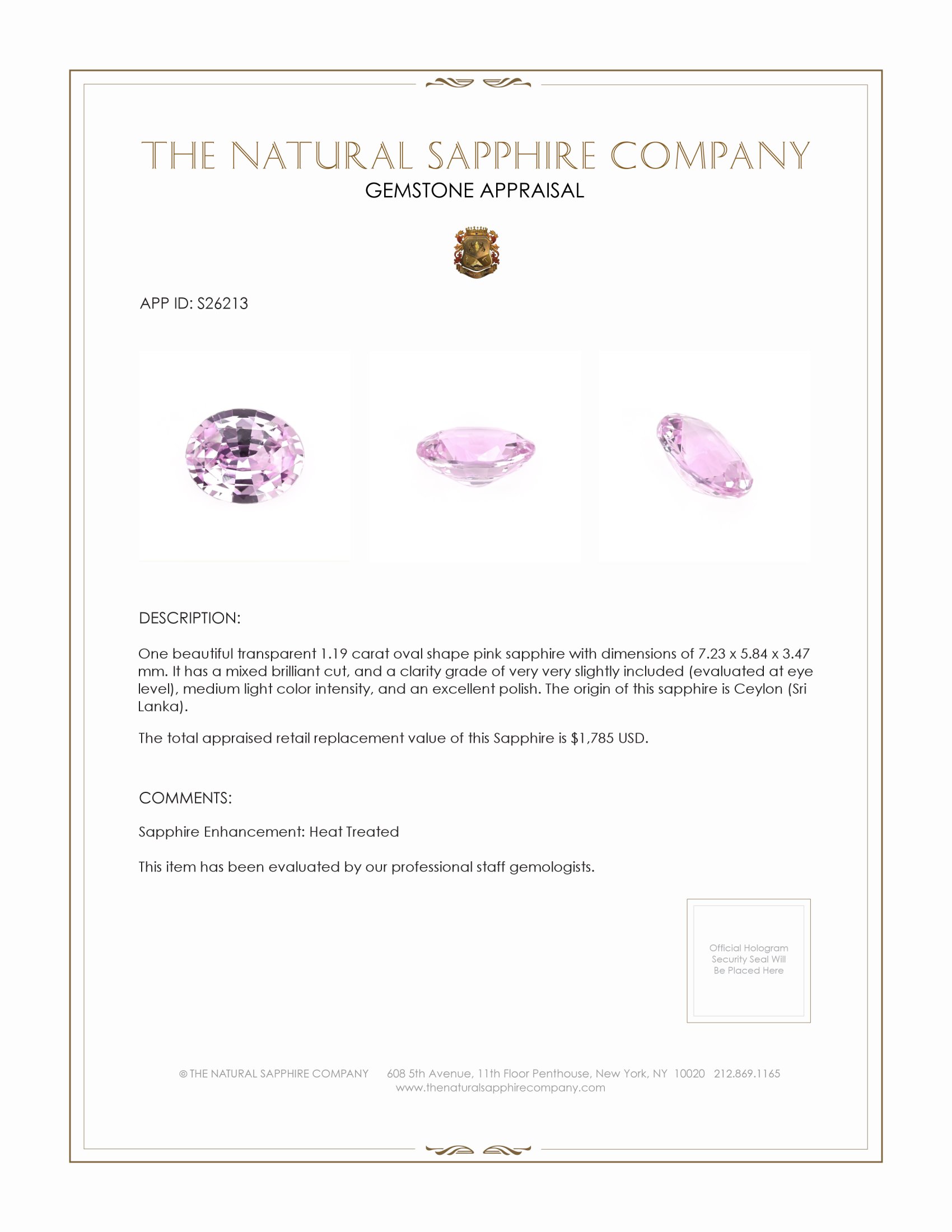 1.19 Ct. Pink Sapphire from Ceylon (Sri Lanka)