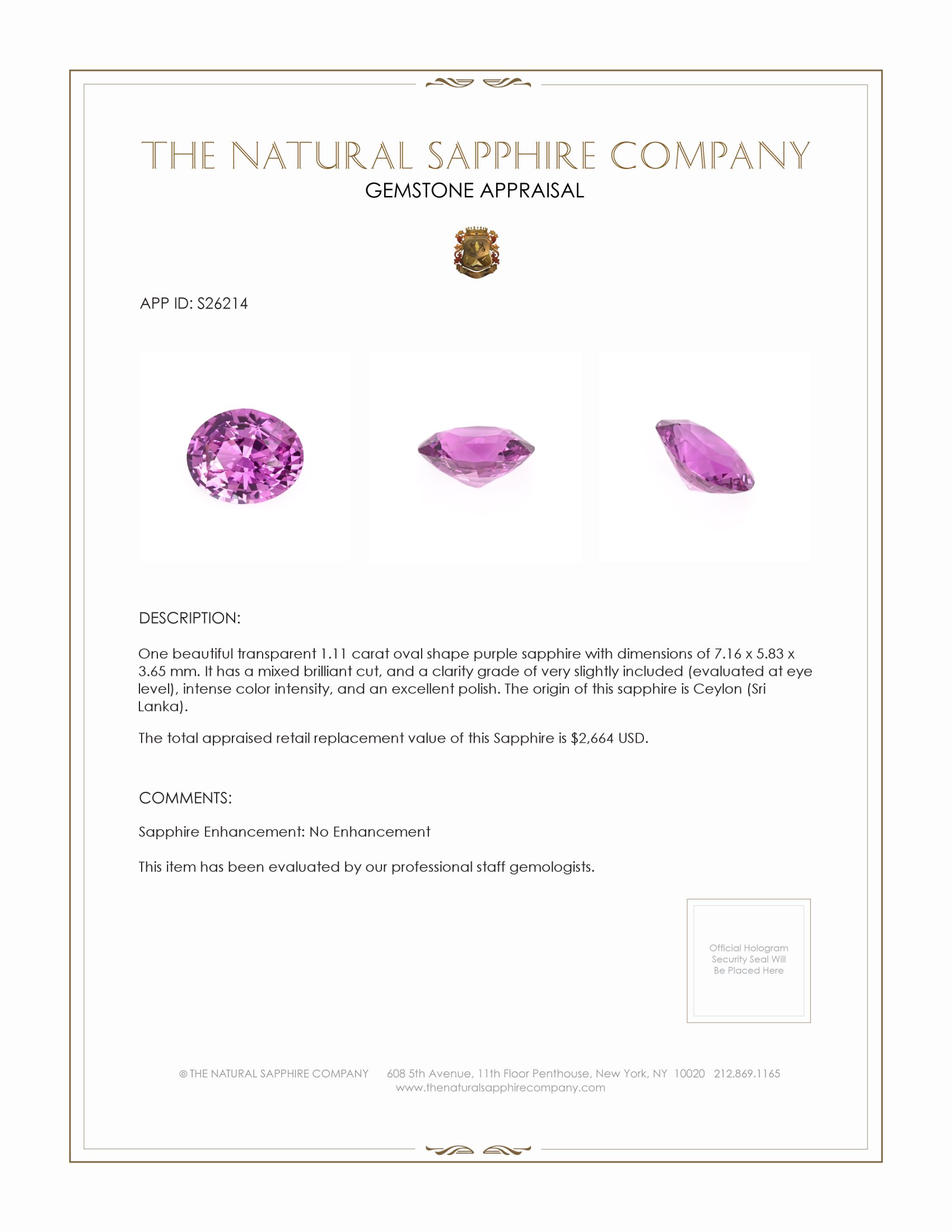 1.11 Ct. Purple Sapphire from Ceylon (Sri Lanka)