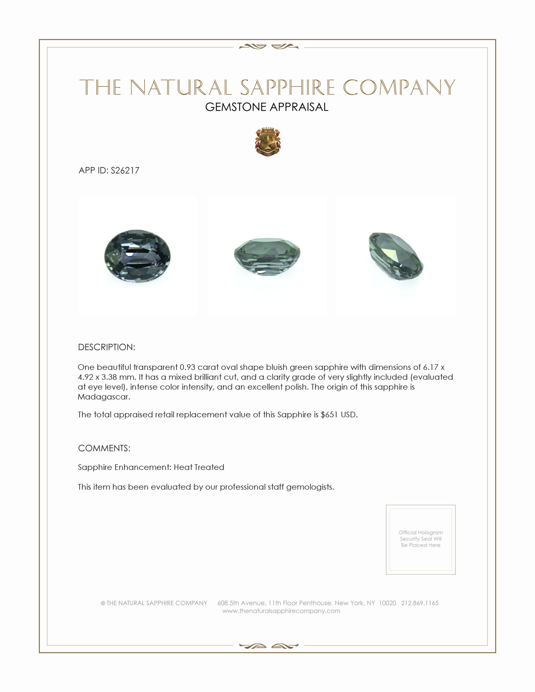 0.93 Ct. Bluish Green Sapphire from Madagascar