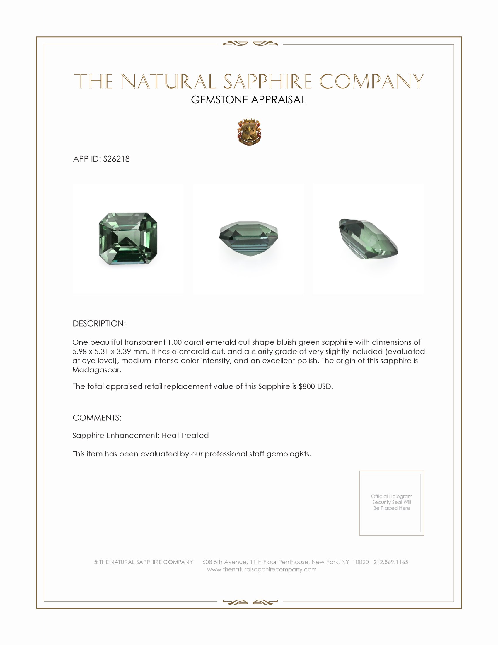 1.00 Ct. Bluish Green Sapphire from Madagascar