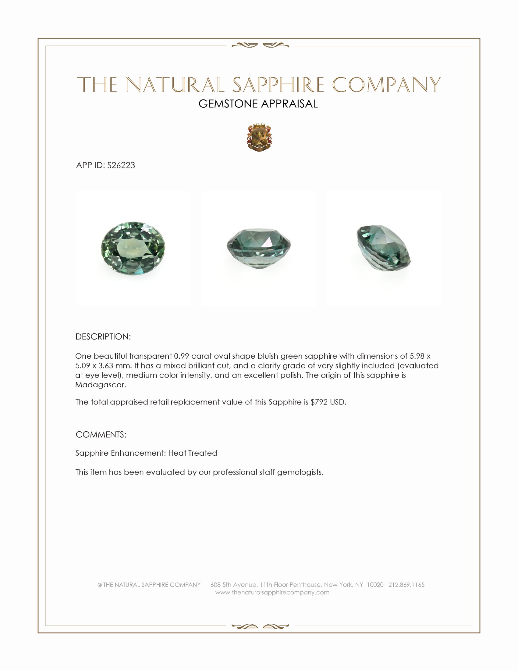 0.99 Ct. Bluish Green Sapphire from Madagascar