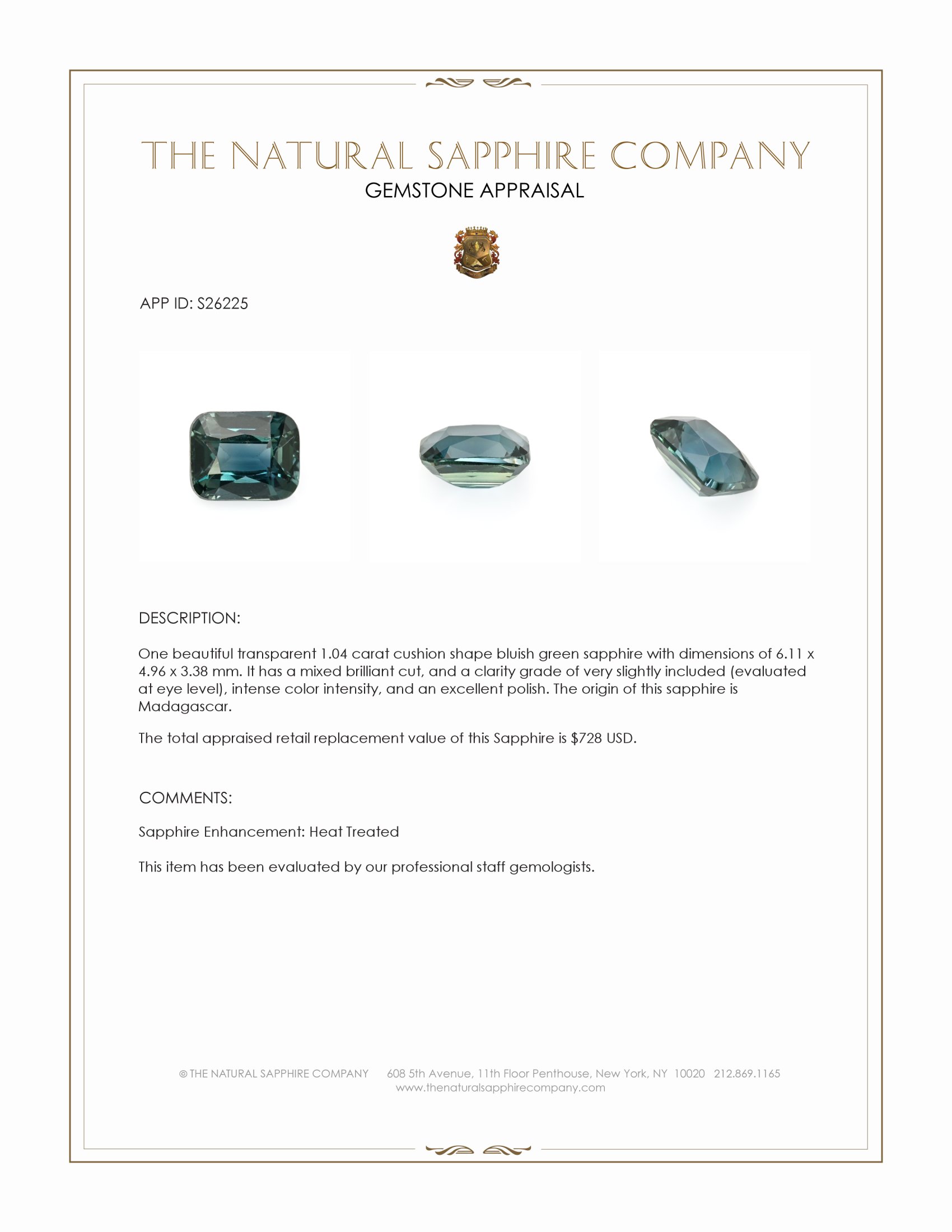 1.04 Ct. Bluish Green Sapphire from Madagascar