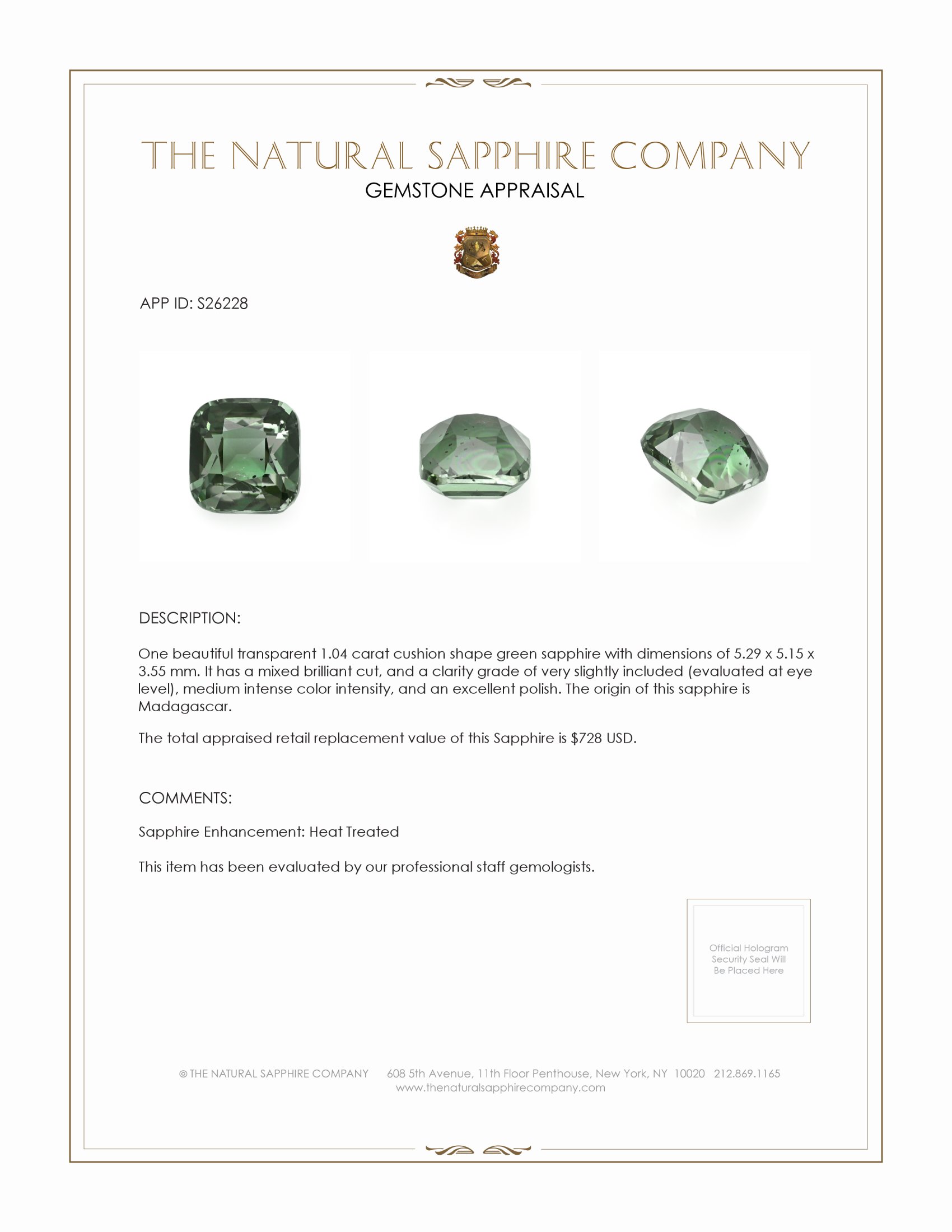 1.04 Ct. Green Sapphire from Madagascar